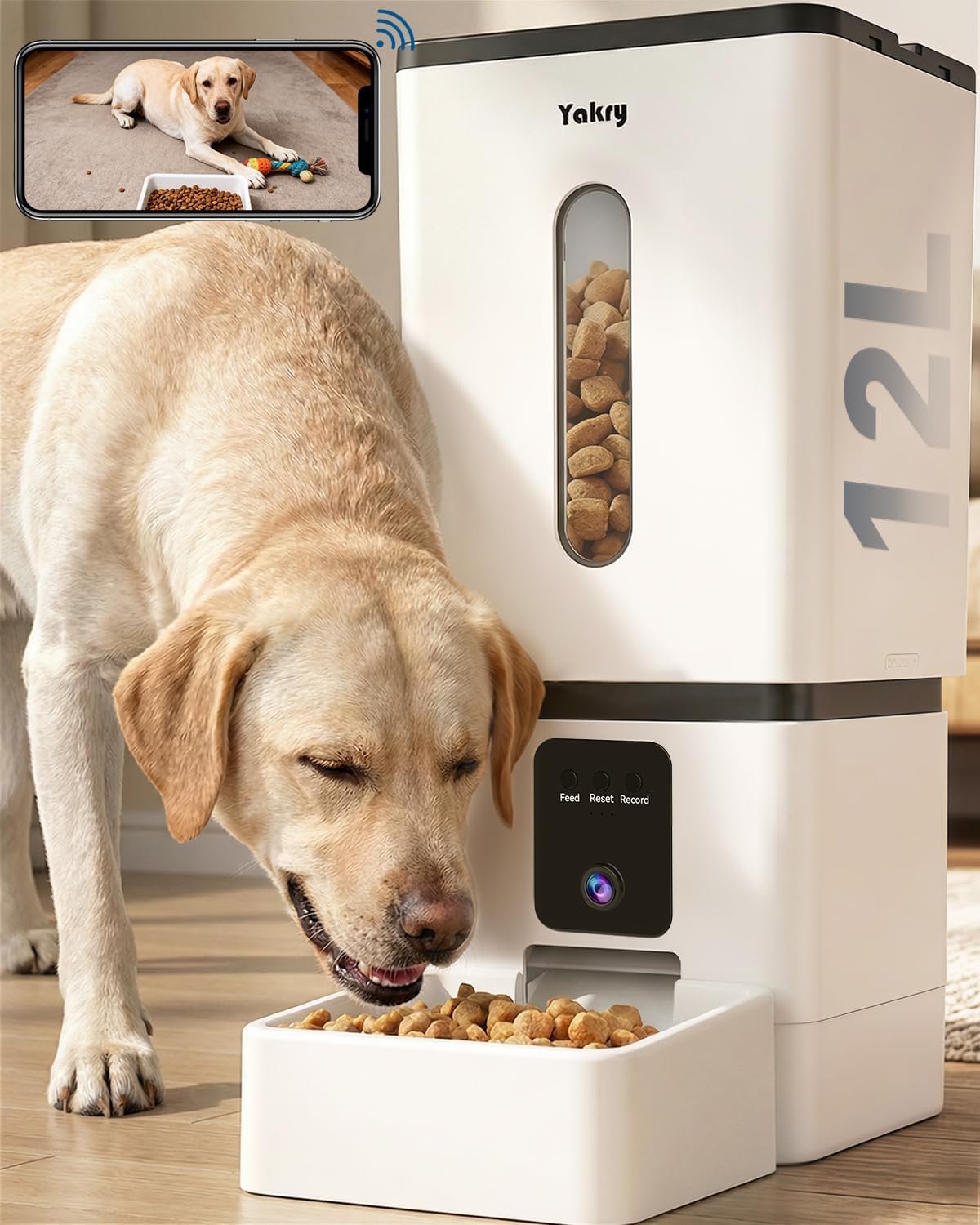 Automatic Dog Feeder Large Breed: 12L/50 Cup Capacity for Kibble up to 20mm | Anti-Clog Dog Food Dispenser – HD 1080P Camera for Remote Mealtime Check-Ins – WiFi App Scheduling Easy Setup by Yakry