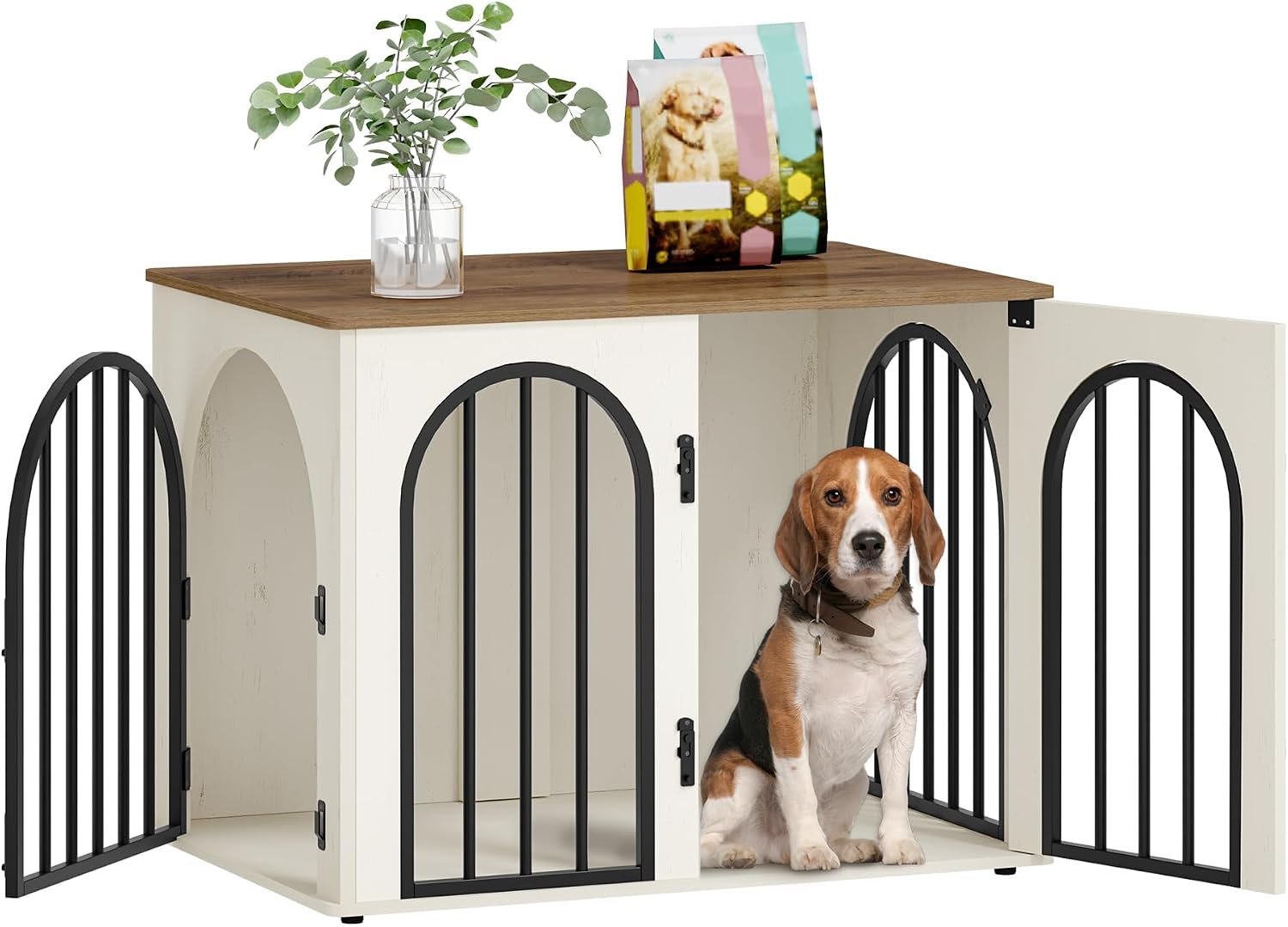Hzuaneri 31.5” Dog Crate Furniture,Dog Kennel Indoor for Small/Medium Dogs | Dog Kennel Furniture Wooden Dog Cage Heavy Duty Dog Crate Decorative Pet House End Side Table TV Stand,White Brown DFC85114B