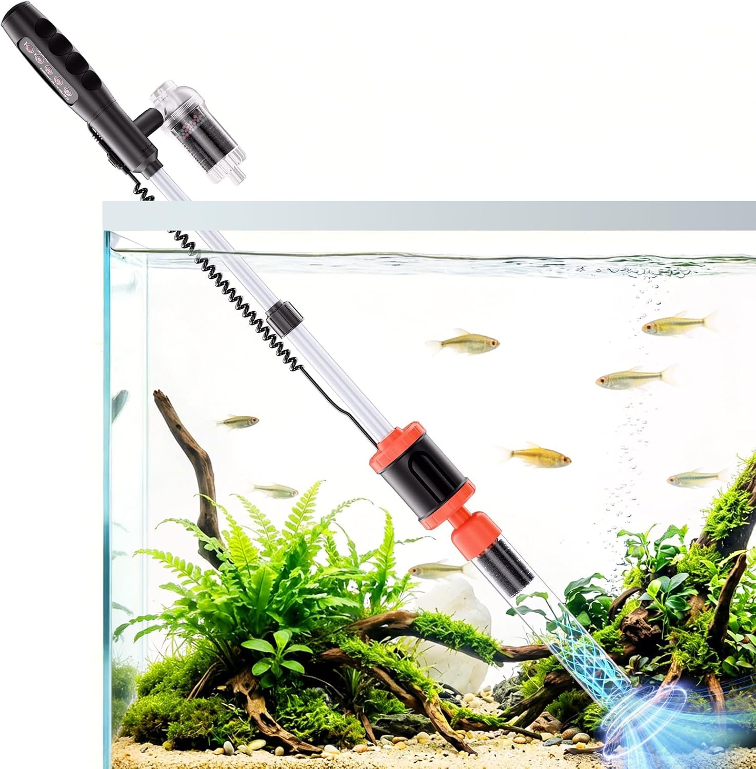 AKKEE Aquarium Vacuum Gravel Cleaner Handle Control, 8 in 1 Multifunctional 36W Electric Fish Tank Cleaner Vacuum for Automatic Water Change, Wash Sand, Water Circulation and Timed Off