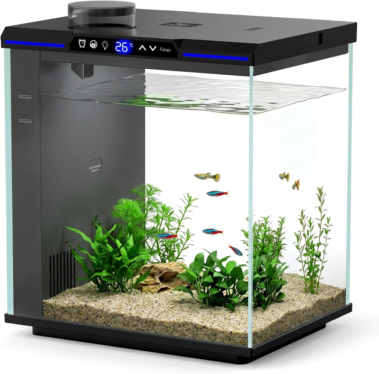 AQQA 7.88 Gallon Aquarium Starter Kit, Glass Fish Tank 3-Stage Filtration | Real-Time Temp Monitor, 4-Color Timed LED Light, Quiet Pump, Self Cleaning Desktop Tank for Betta Shrimp, Black