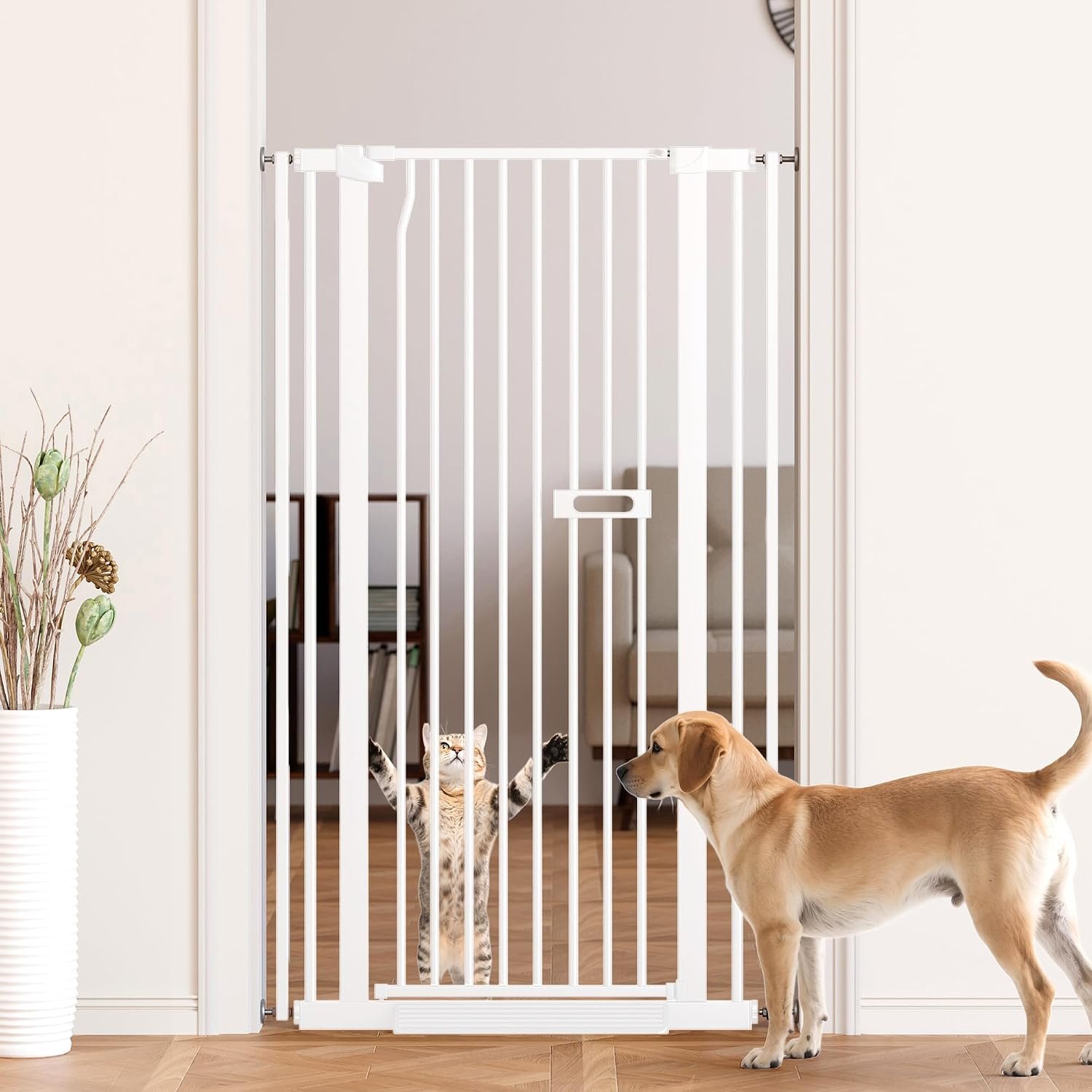 55.1″ Extra Tall Cat Gate for Stairs, 26.1-29.7″ Wide Auto Close Cat Gate Indoor for Doorway/Hallways/Kitchen, No Drilling High Pressure Mounted, 1.37″ Narrow Bar Spacing, White