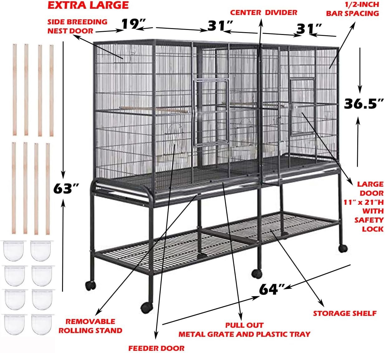 Extra Large Double Center Divider Birdhouse Treehouse Bird Flight Breeder Cage with Breeding Nest Box Doors Removable Rolling Stand (White Vein, 63″ L x 19″ W x 64″ H)