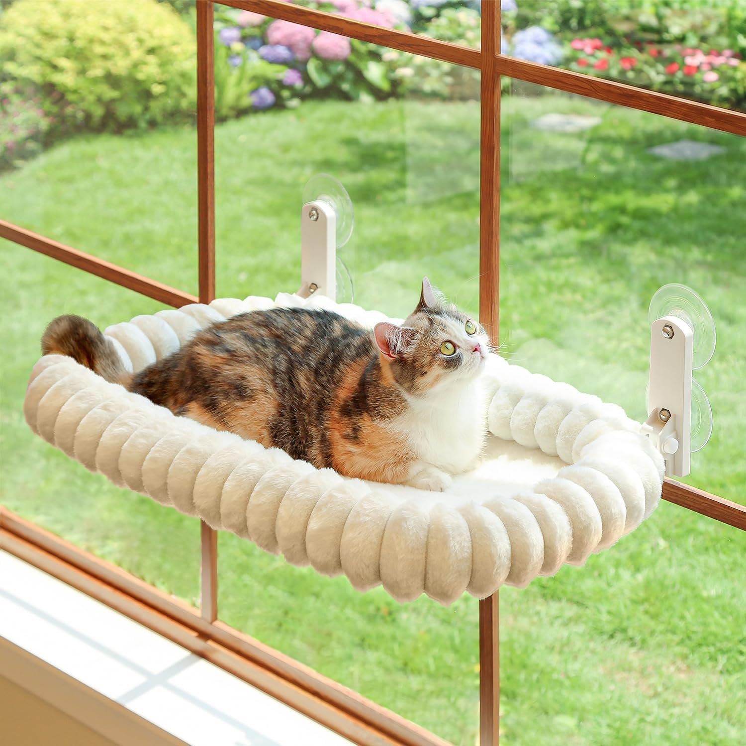 Zakkart SnugCloud Foldable Cat Window Perch – Cordless, Ultra Soft Machine Washable Bed with 4-Sided Bolster, Metal Frame – Window Hammock for Large Cats and Kittens (Cream White, Medium)