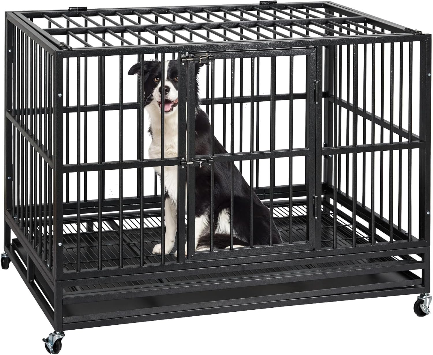 Garvee Indestructible Dog Crate 48 in, Heavy Duty Large Dog Cage with Wheel | Dog Kennel Indoor with Double Door and Removable Tray for All Large Pets