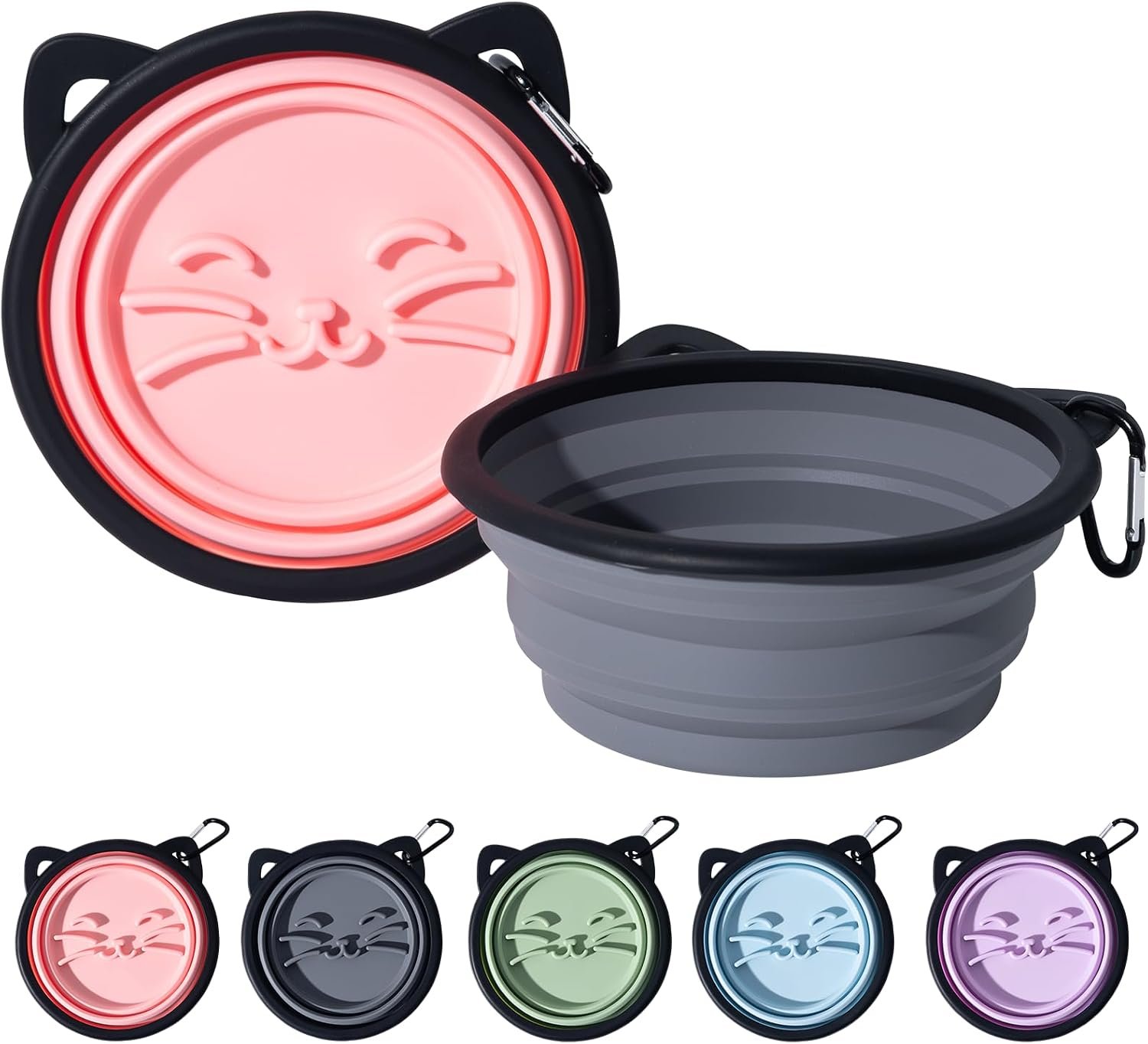 2Pack Silicone Collapsible Dog Bowls, Cute Pet Ear Shape and Cat Graphic Travel Water Bowl Full of Pet Atmosphere 25oz Portable Feeder for Small Large Dog Walking Hiking Camping (Pink and Grey)