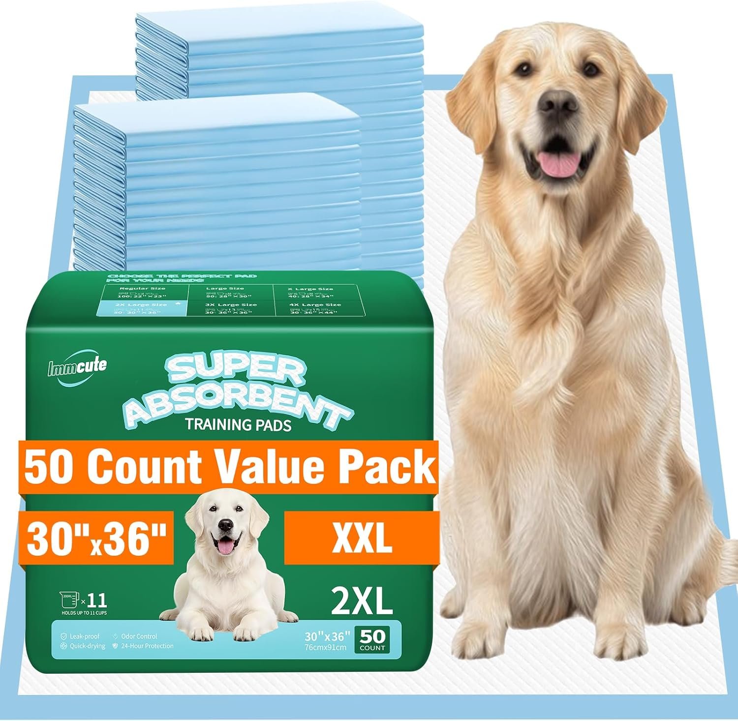 IMMCUTE 50 Pack Dog Pee Pads, 30″x36″ Great Value Puppy Pads XL, Pee Pads for Dogs Cats Extra Large, Wee Wee Pads for Potty Training, Disposable Pet Pads Super Absorbent & Leak-Proof