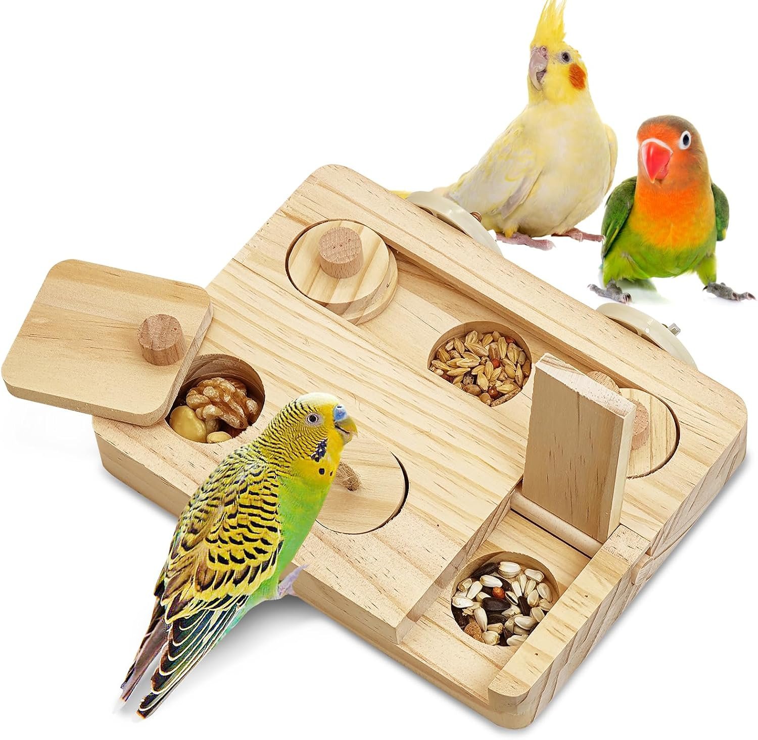 BNOSDM Wooden Bird Foraging Toys with Enrichment Puzzle for Training & Chewing Natural Wood Stand Platform Feeder Cage Accessoriesfor Small and Medium Parrots, Parakeets, Cockatiels, Sun Conures