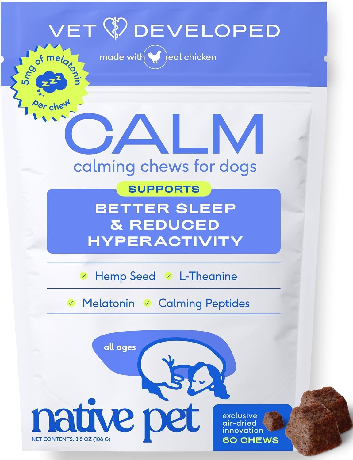 Native Pet Calming Chews for Dogs – Promotes Calming Effect, Supports Emotional Balance & Reduces Hyperactivity – Hemp Seed, Melatonin for Dogs, L-Theanine & Casein -Air-Dried 60 Chews