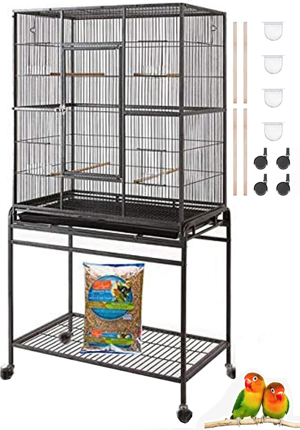 64″ Extra Large Tight 1/2-Inch Bar Spacing Wrought Iron Flight Canary Parakeet Cockatiel Lovebird Finch Home Cage Side Nesting Box Doors with Removable Rolling Stand