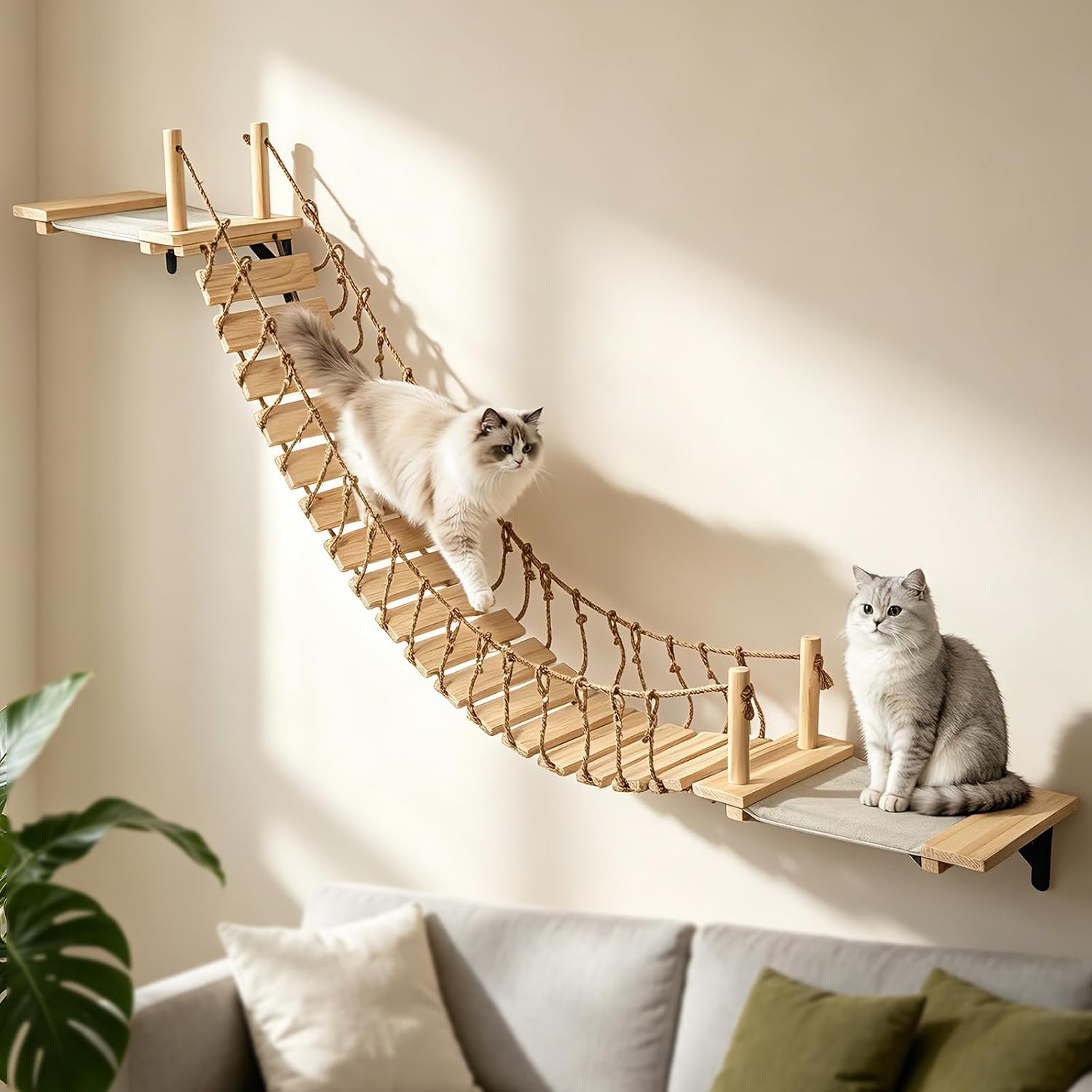 Cat Wall Shelves, Wall Mounted Cat Climber Set, 70″ Cat Bridge Hammock Tree with Mounted Perch & Cloud Shelf for Cats Climb, Jump (H01)