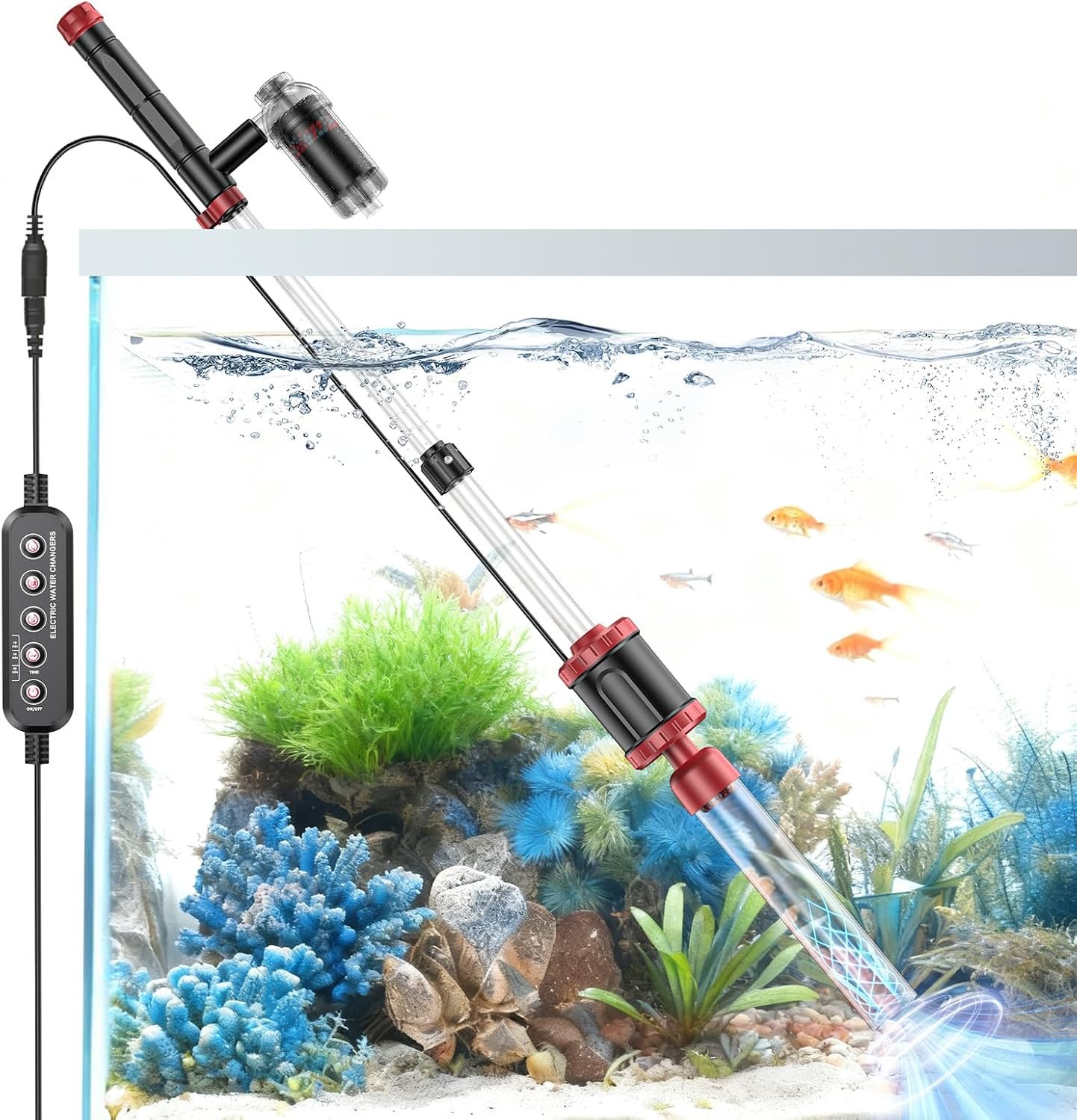 AKKEE Aquarium Vacuum Gravel Cleaner, 36W Electric Fish Tank Cleaner Vacuum, 8 in 1 Multifunctional Aquarium Cleaner for Automatic Water Change, Wash Sand, Water Circulation and Timed Off，red