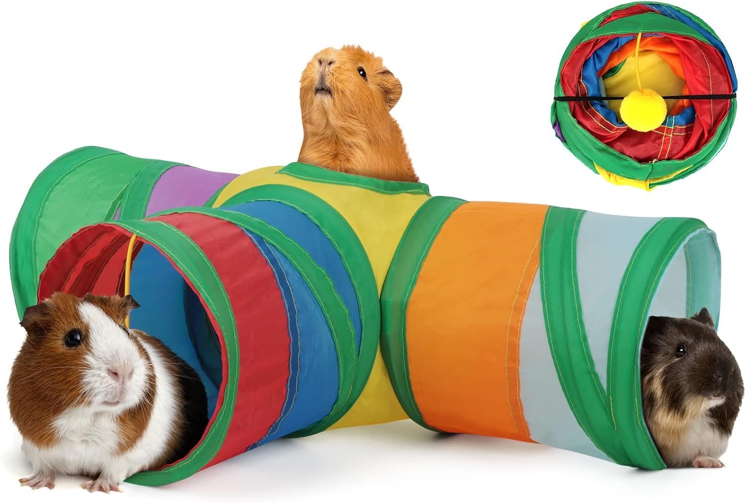 YUEPET Guinea Pig Tunnel, 3-Way Collapsible Play Tunnel with Ball, Rainbow | Guinea Pig Toys, Guinea Pig Play Tubes, Hanging Play Ball, Peekaboo Opening, Folds for Storage, 5.9 in Entrance
