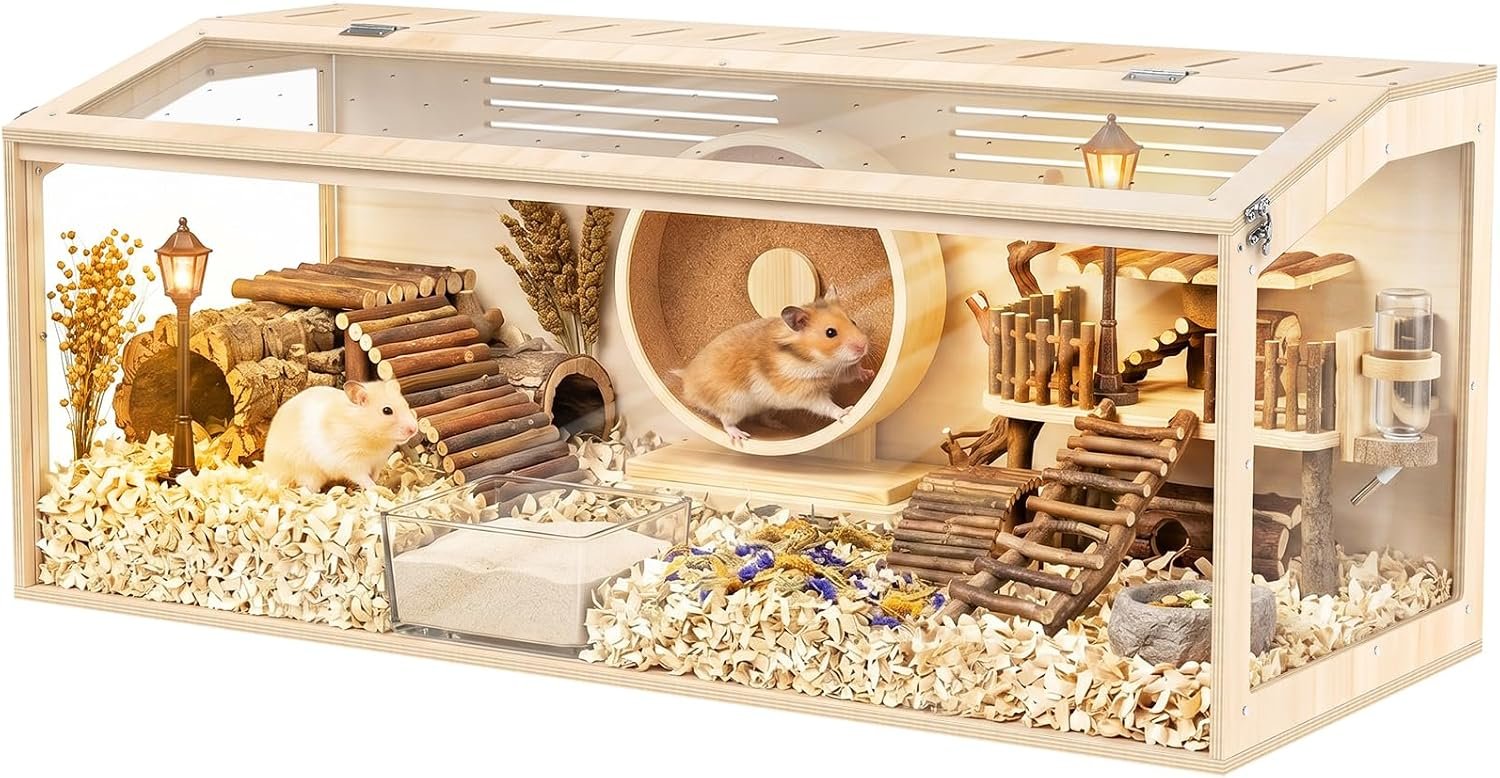 XiaZ Hamster Cage,48Inch Large Hamster Tank with Panoramic View and Ventilated Top, Spacious Acrylic Glass Habitat for Syrian Dwarf Hamsters and Degus, Natural Wood Frame Enclosure