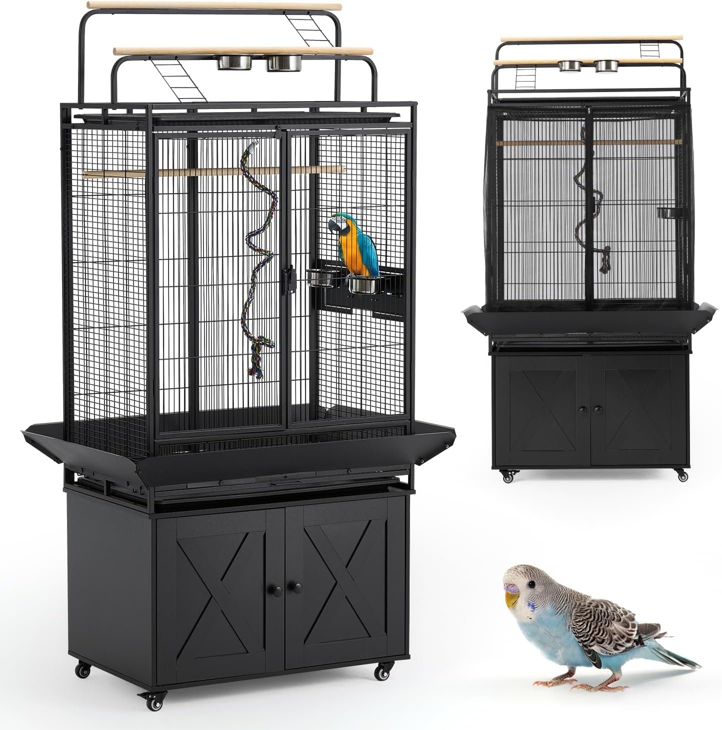 70″ Large Bird Cage with Play Top, Metal Parrot Cage with Storage Cabinet | Tall Big Bird Flight Cage with Pull-Out Tray, Feeders, Cover, Stand, Rope, Aviary for Macaw Parakeet Cockatiel Budgie, Black