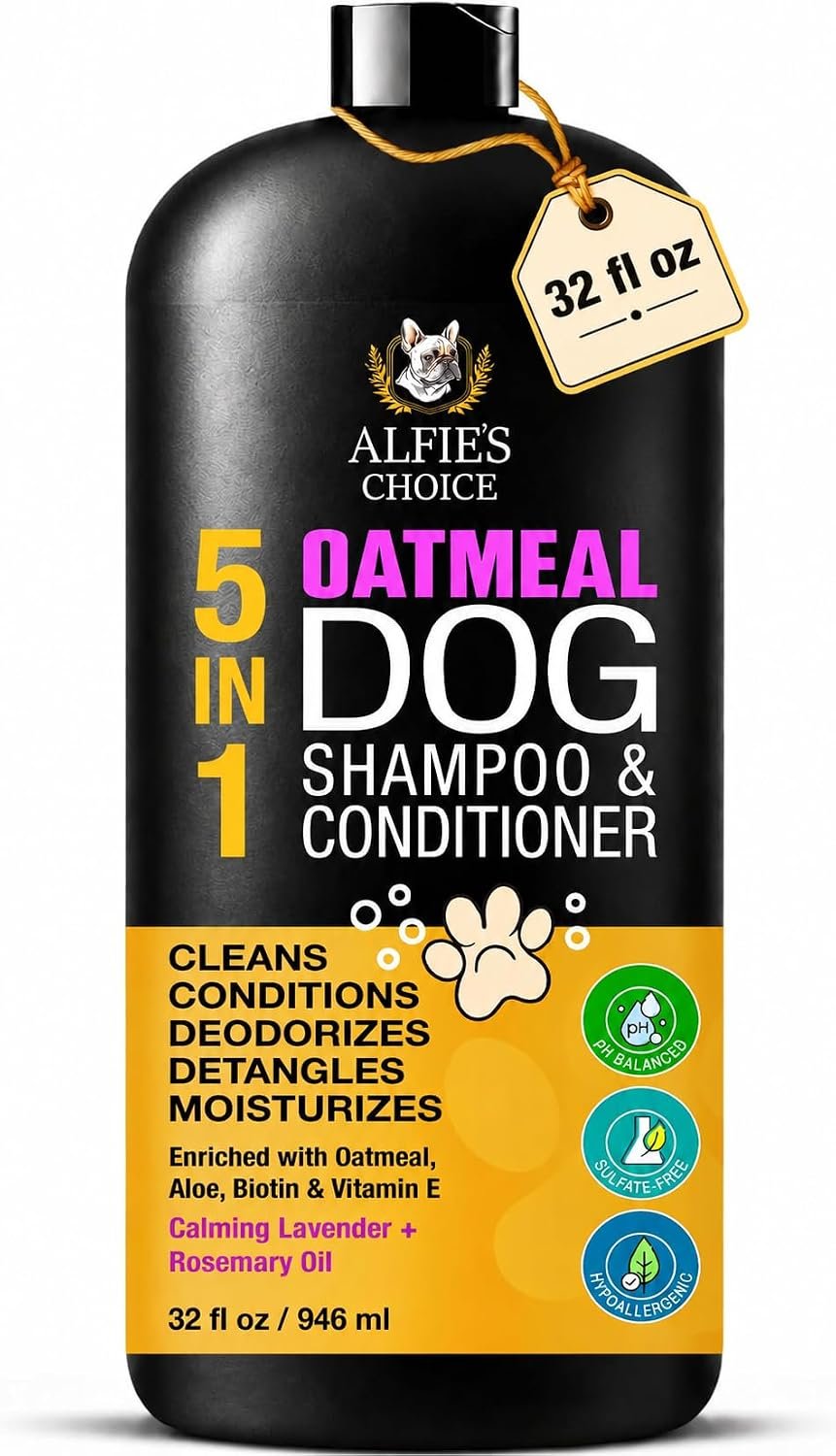 Oatmeal Dog Shampoo and Conditioner for Sensitive Skin with Aloe 32 fl oz | 5 in 1 Puppy Shampoo for Itchy, Sensitive Skin | Cleans, Conditions, Deodorizes & Moisturizes For All Breeds | ALFIE’S CHOICE