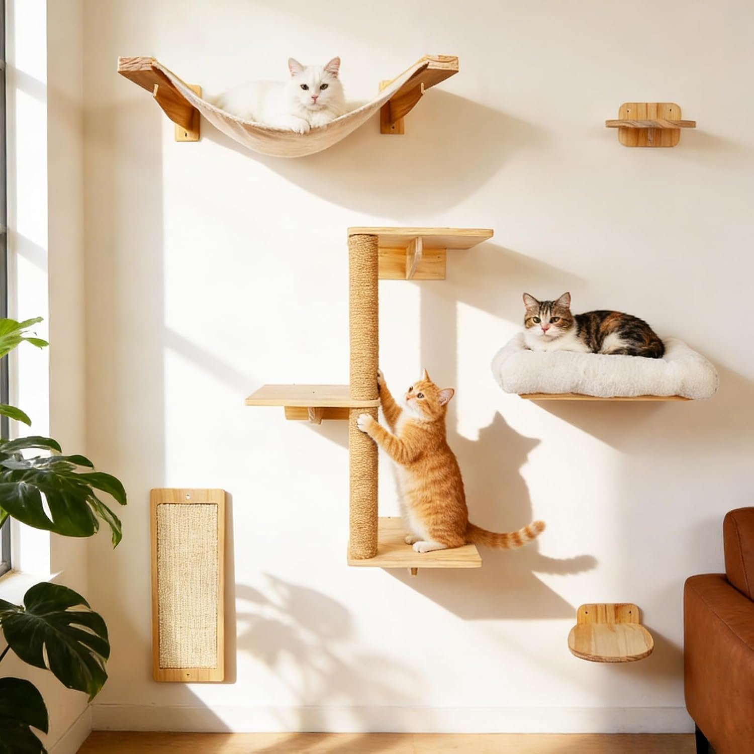 6 in 1 Cat Wall Shelves Climbing System with Sisal Scratching Perch | Space Saving Wall Mounted Design, Cozy Hammock, Multiple Rest Areas, Indoor Cat Activity