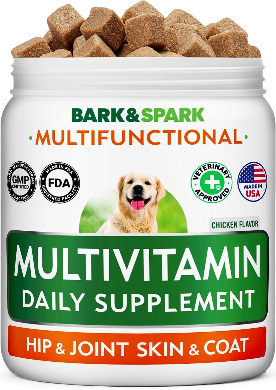 BARK&SPARK Dog Multivitamin Chews with Glucosamine, Omega 3 & Probiotics | Chondroitin & Digestive Enzymes – Skin, Coat, Joint & Gut Health Support – Vitamins & Supplements for Dogs – 120 Ct
