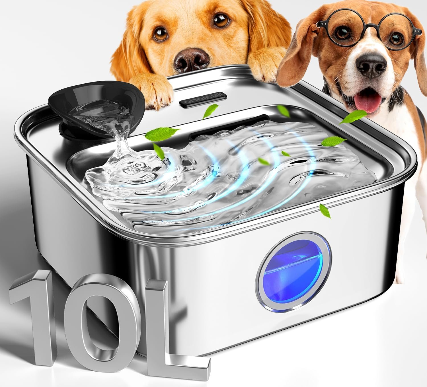 oneisall 10L/2.6Gal Dog Water Fountain for Large Dogs (with 2 Filters) | Deeper & Wider Drinking Area, Visualization Window & Triple Filtration,304 Stainless Steel Dog Water Bowl Dispenser