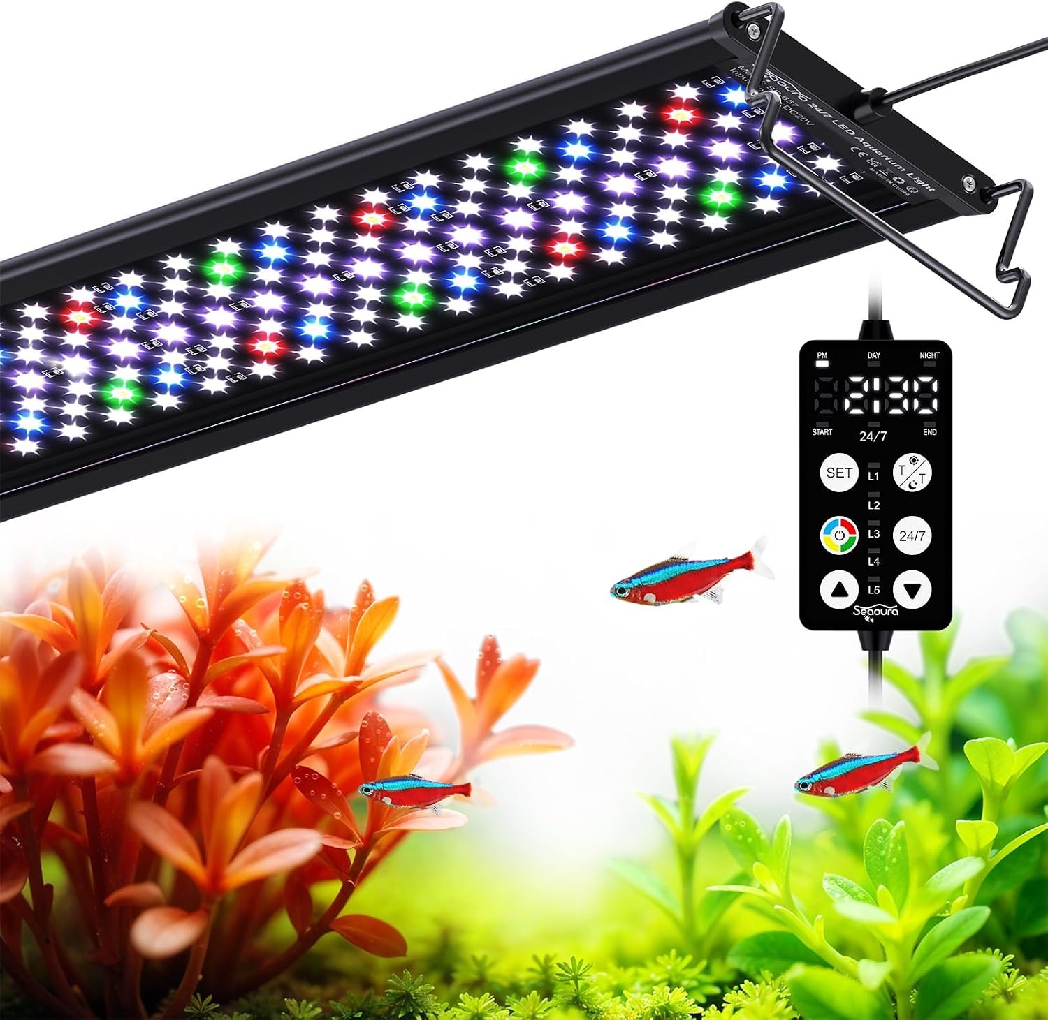 SEAOURA Full Spectrum Aquarium Light with 24/7 Timer for 12-18in Fish Tank | high PAR LEDs for plant growth, 3 timers + memory, 20 dimming, 15min fade, adjustable brackets, slim aluminum