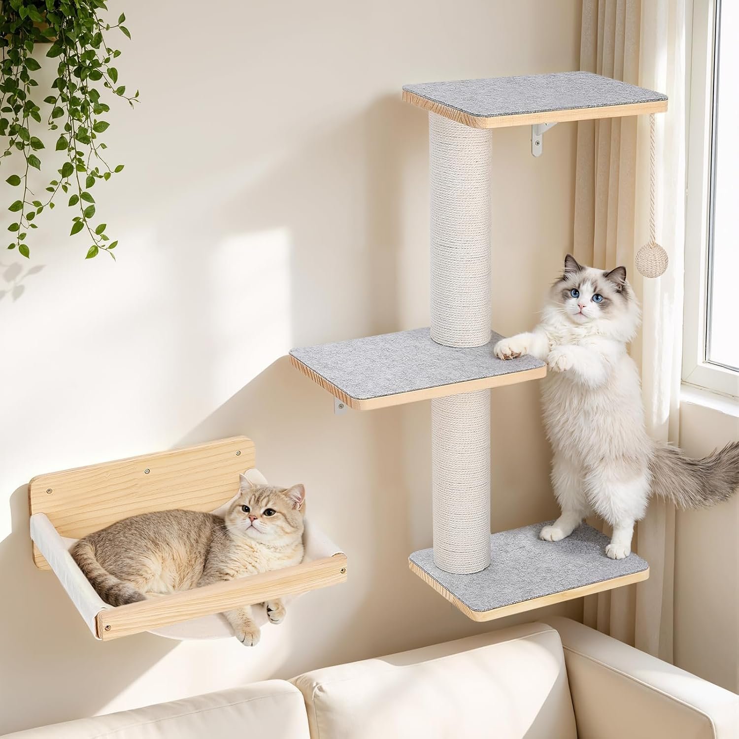 Wall Mounted Cat Shelves Set with Hammock | Sisal Scratching Posts, 3 Wooden Steps, Space-Saving Cat Tree, For Indoor Cats Up to 30 lbs