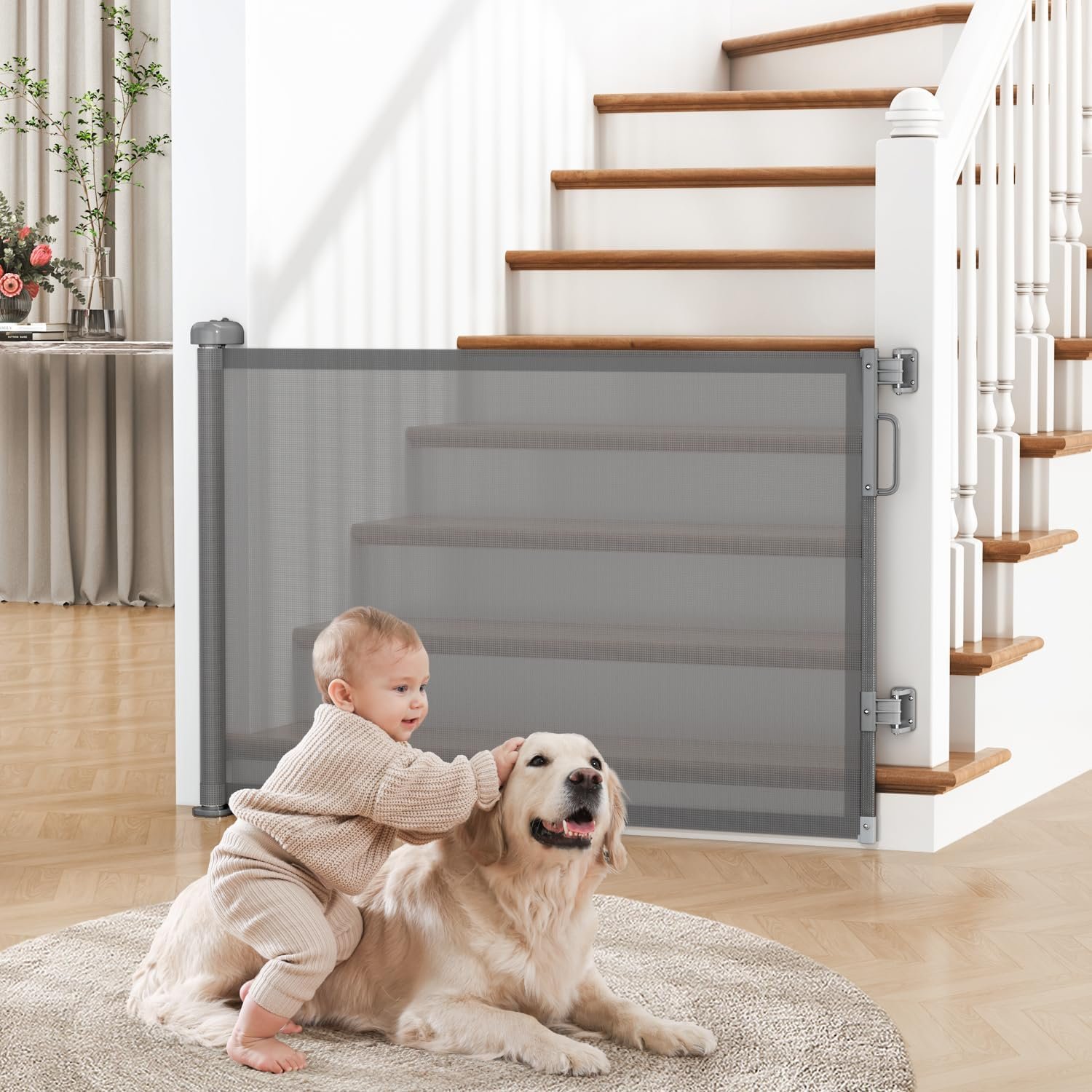Retractable Baby Gate for Stairs & Doorways, Dog Gate Indoor Outdoor | Extends to 55″ Wide 34″ Tall Mesh Child Gate for Hallways, Deck, Porch, Pet Toddler Safety Essentials, Easy Install, Grey
