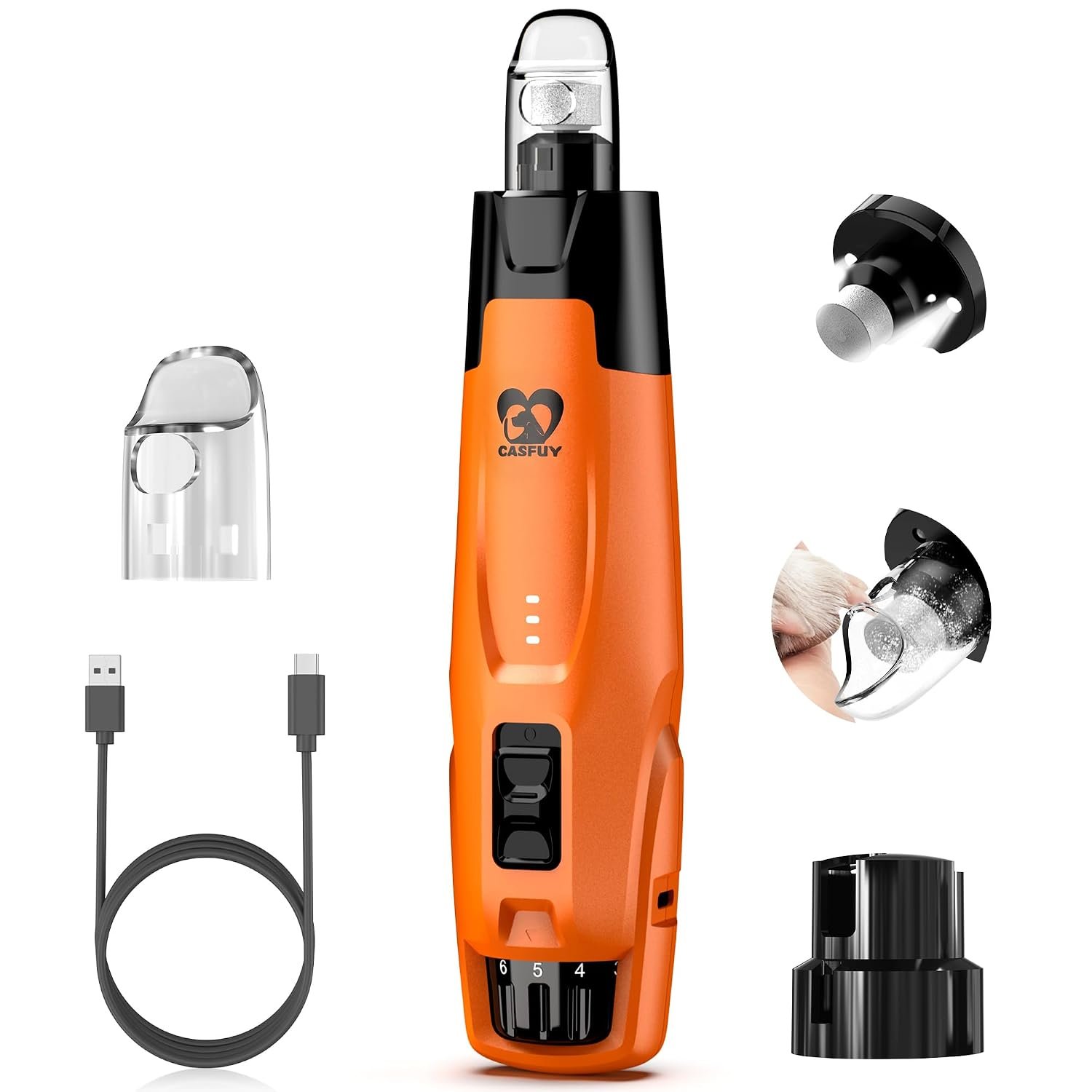 Casfuy New 6-Speed Dog Nail Grinder – 50% More Power Dog Nail Trimmers with 2 LED Lights Quiet 7h Running Time Electric Pet Nail Grinder File Toenail Grinder for Large Medium Small Dogs & Cats (OR)