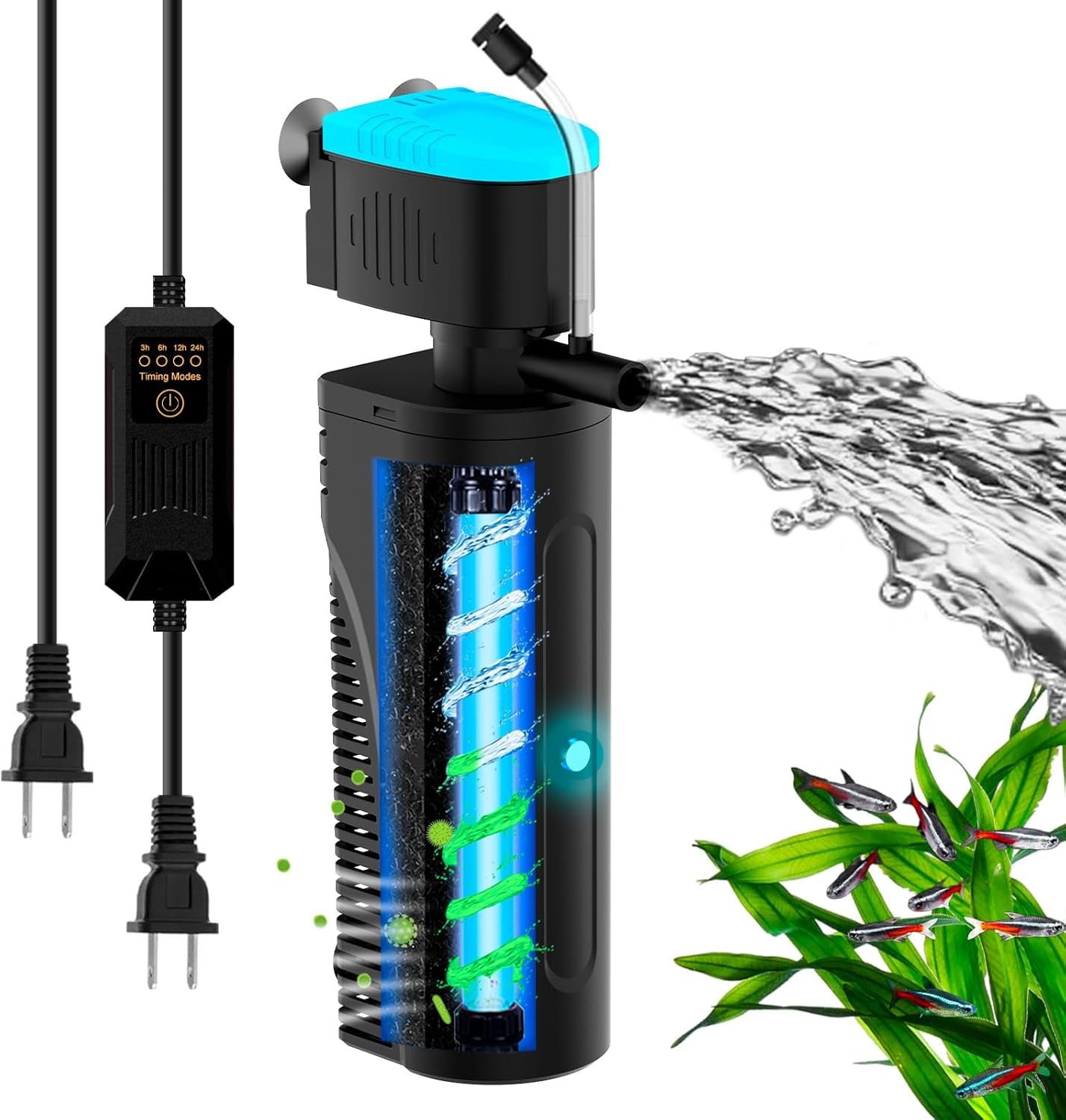 Aquarium Filter with U – V Clarifier for Green Water Cleaning | Fish Tank Filter to Remove Al-gae | Green Killing Machine | Aeration/Rainfall Mode | with Timer | Turtle Tank Filter (20-70Gal)
