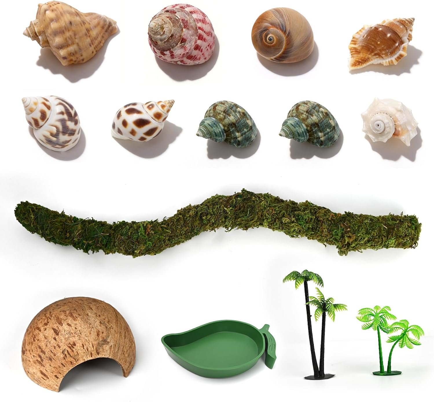 Hermit Crab Accessories Set with 9 Natural Sea Shells,Bendable Climbing Toy Coconut Hideout and Water Dish,Complete Hermit Crab Starter Accessories Kit for Tank Habitat Décor