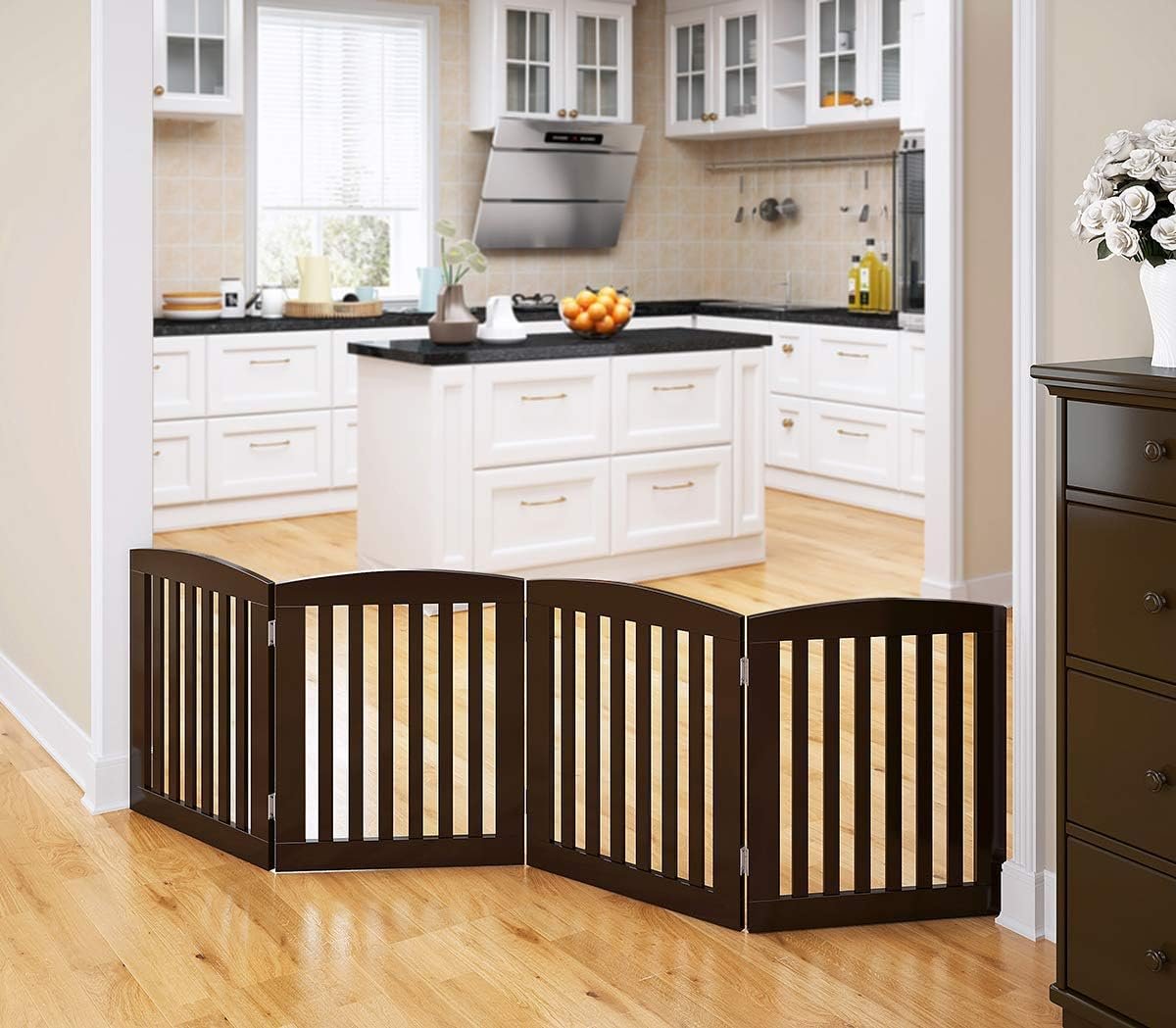 PAWLAND Wooden Freestanding Foldable Pet Gate for Dogs, 24 Inch H, 4 Panels | Dog Gate for Doorway, Stairs, the House, Step Over Fence, Extra Wide, Room Divider, Front Door, Hallway, 4 Panels, Espresso