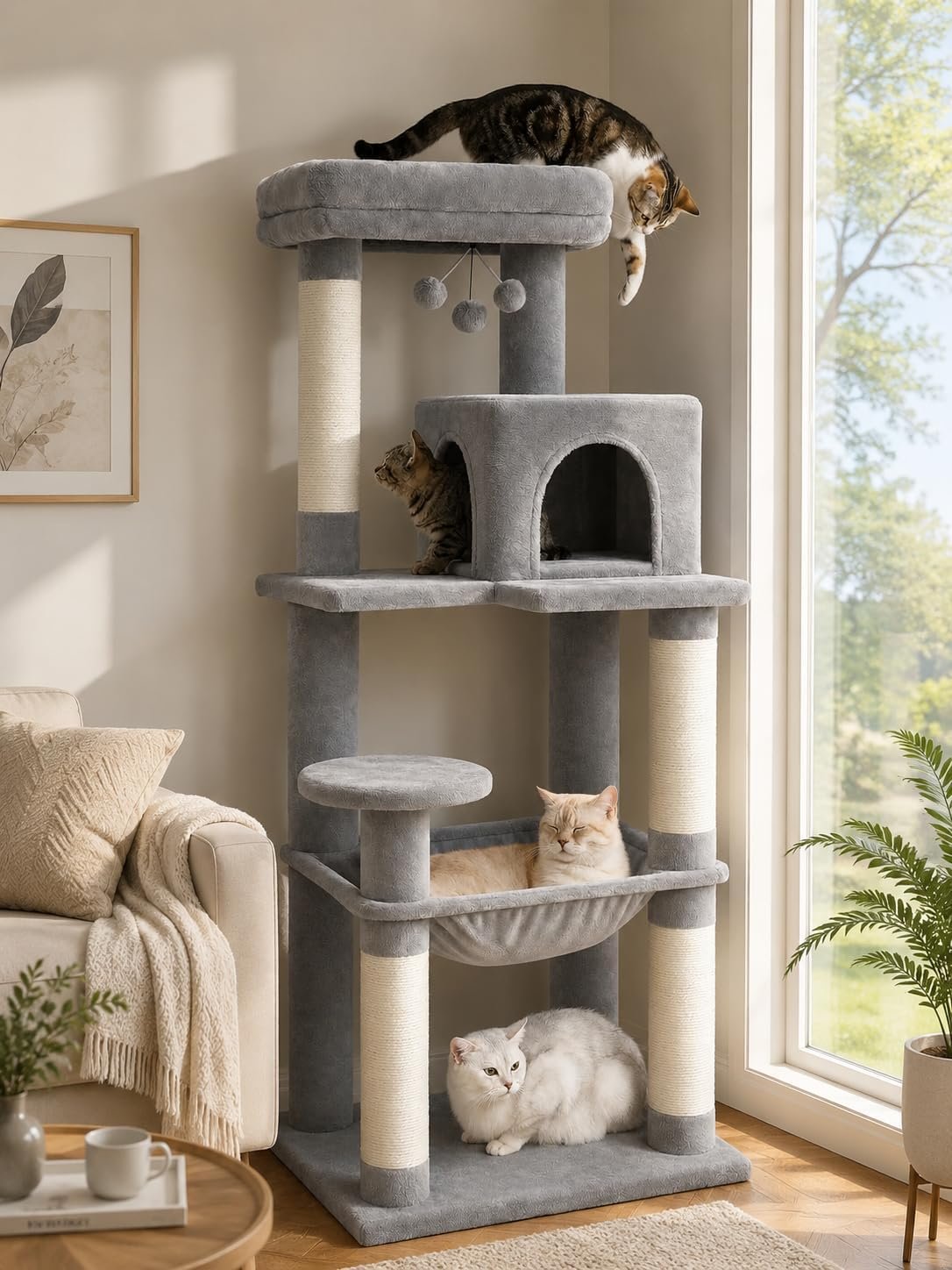 56.3″ Cat Tree with Metal Hammock, 2-Door Condo, 6 Tiers, Gray | 6-tier shelves, Metal plush hammock, 2-door condo house, Sisal posts, Large top perch, For adult cats