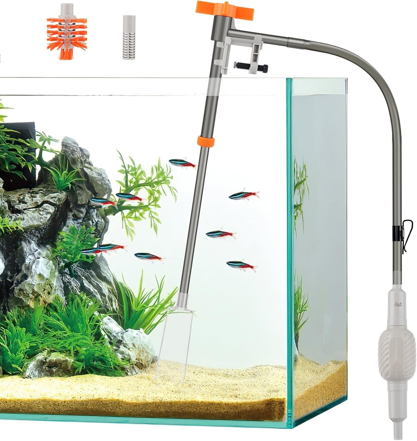 AQQA Aquarium Siphon Vacuum Cleaner Kit with 3 Replaceable Heads (S) | Simultaneous Water Changing, Cleaning in Fish Tanks, Gravel and Sand Cleaning (S)