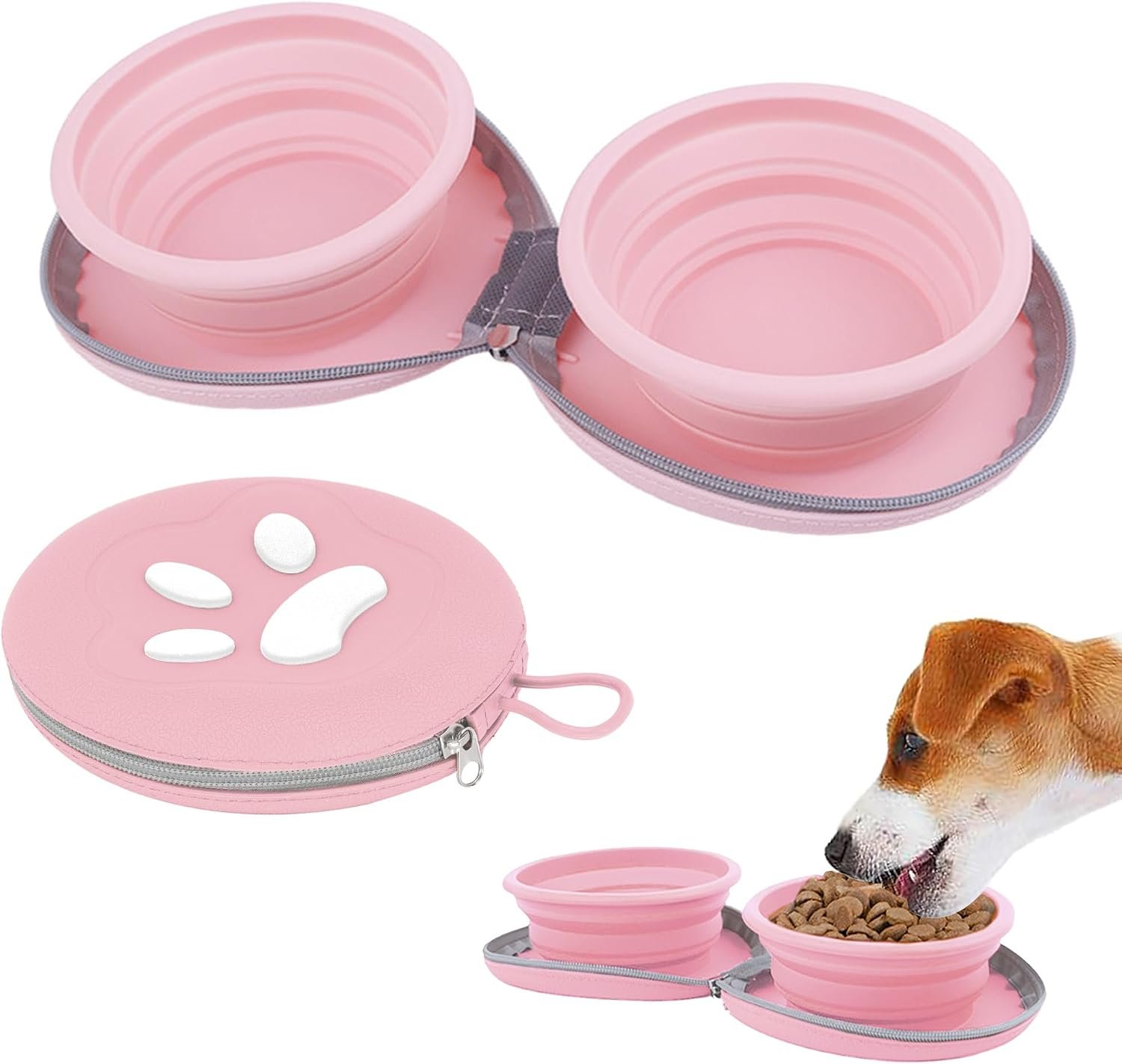 Collapsible Dog Bowls, 2-in-1 Pet Portable Travel Double Bowl Water Food Feeder Traveling Camping & Walking 25oz Pink