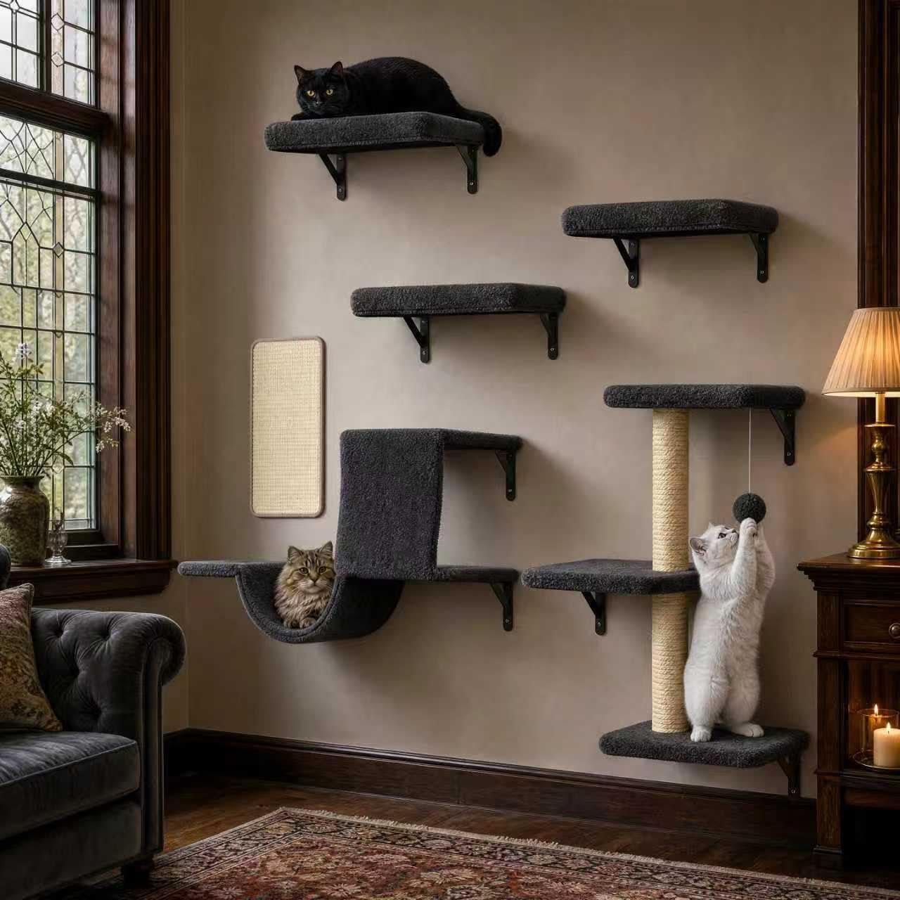 6-in-1 Wall Mounted Cat Climber Set for Heavy Cats,Wall Shelves,Stable & Safe Cat Furniture Set for Large Cats, Wooden Climbing Wall with Scratching Post (Black)