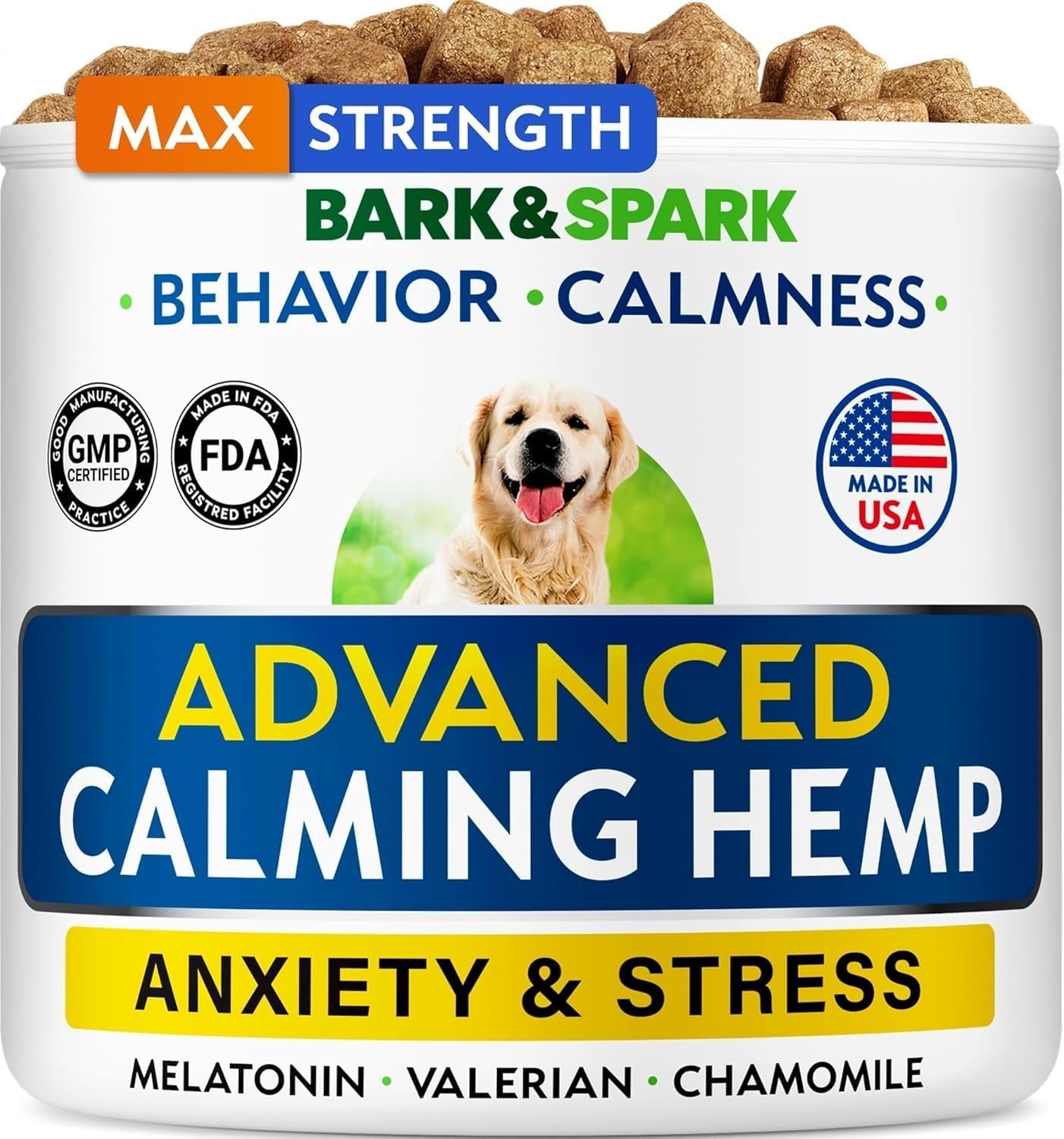 Hemp Dog Calming Chews – Stress&Anxiety Relief Treats, Travel&Separation | Made in USA – Advanced Relaxing Support for Storms, Fireworks & Travel – All Breeds, Sleep Aid (60Ct)