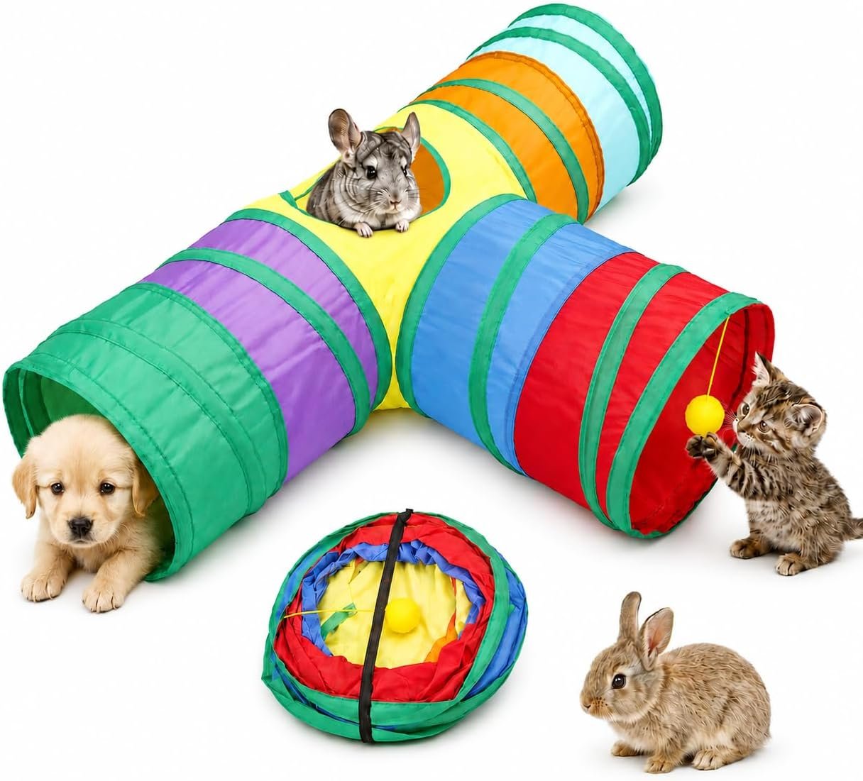 Rabbit Tunnel Collapsible 3 Way Tunnels and Tubes with Interactive Ball Bunny Hideout – Small Animal Activity Tunnel Toys for Dwarf Rabbit, Guinea Pig, Kitty