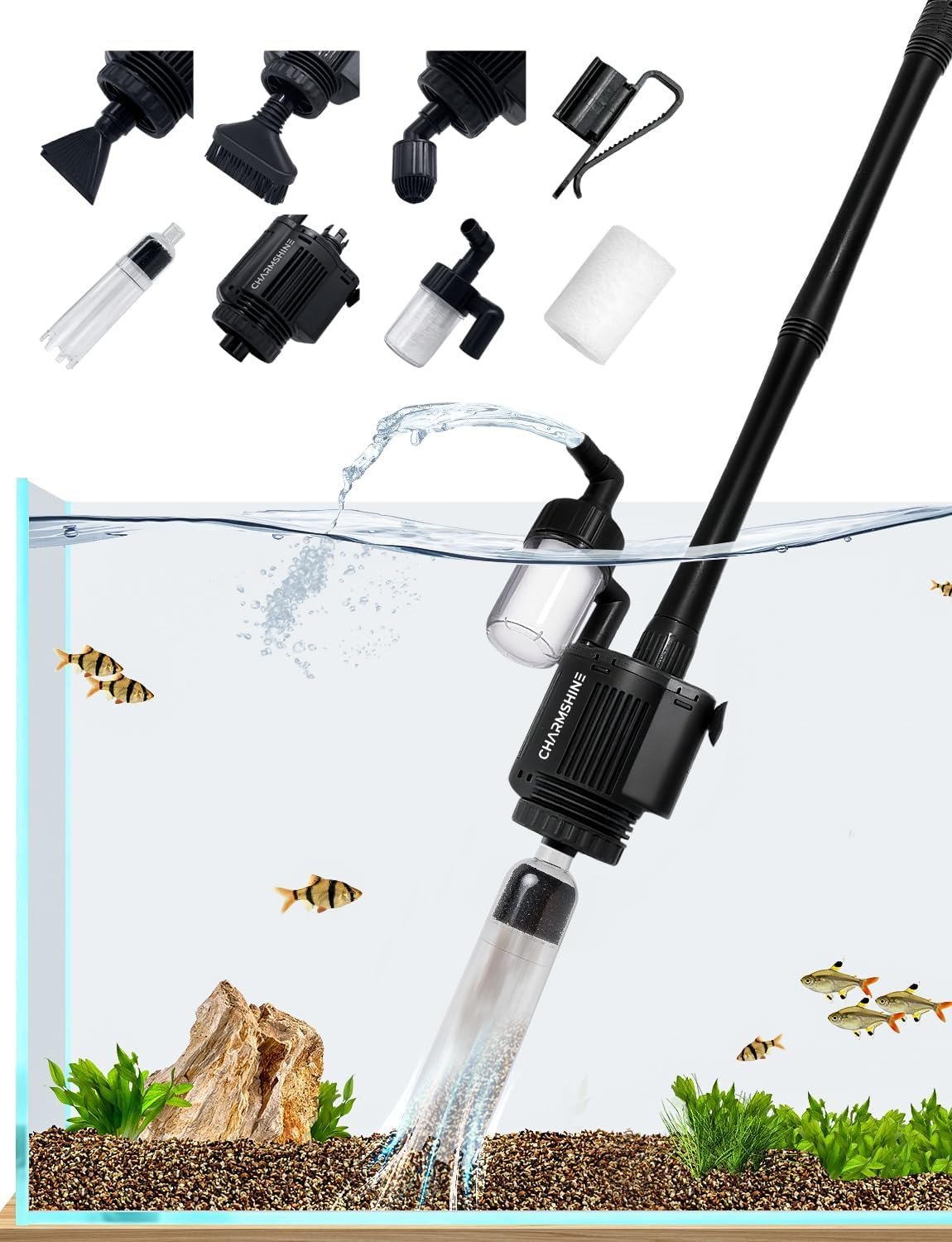 Gravel Vacuum for Aquarium, 6 in 1 Fish Tank Cleaner Tool Kit Electric Vacuum Gravel Cleaner for Aquarium Automatic Water Change, Wash Sand, Water Circulation,With Filter Cup, Hose Clamp (370GPH 22W)