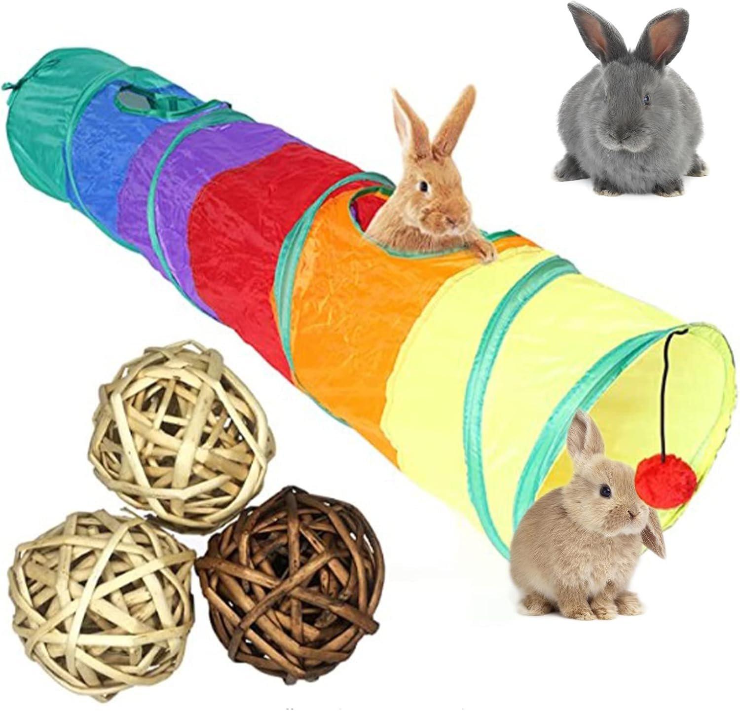 Tfwadmx Bunny Hideout, Rabbit Tunnels and Tubes, 3 Pack of Grass Balls 9.8” Collapsible Rabbit Hideout Tunnel with Chew Toys for Chinchillas Ferrets Guinea Pigs Gerbils Hamsters Rats