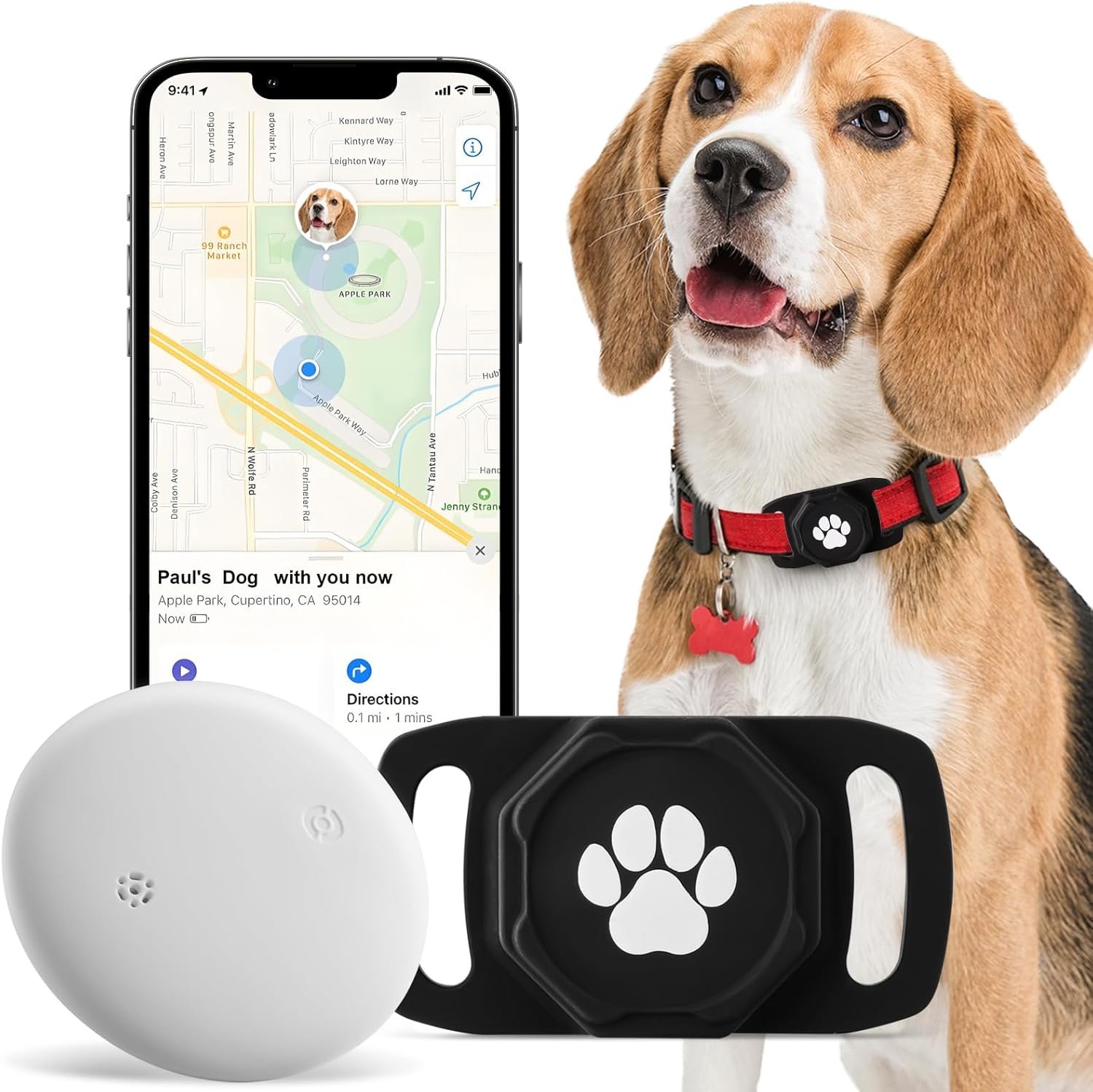 Smart Pet Tracker for Collar – Dog Tracker Pet Location Tracker with Holder | Real-Time Location, No Monthly Fee/ SIM Card, Work with IOS Only (Not for Android), Ultra-Slim, IP68 Waterproof Holder, Black