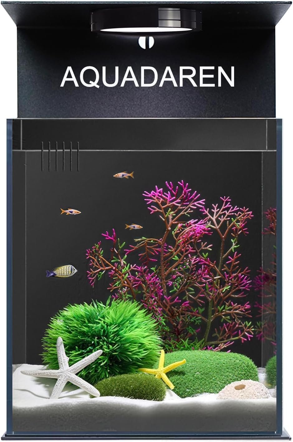 Fish Tank 2.7 Gallon (11L), Glass Nano Aquarium Kit with Water Filter Pump, Iron Tray, & LED Light, Ideal for Small Fish, Shrimp and Plants, Black