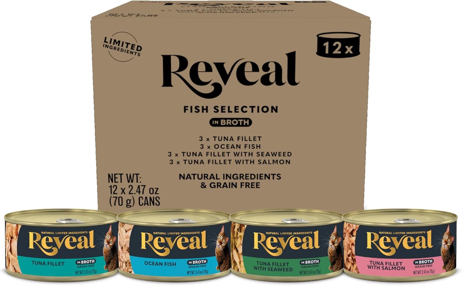 Reveal Fish Variety in Broth Wet Cat Food 12-Pack 2.47 oz Cans | 100% Natural, High Quality Protein, Limited Ingredient, Grain Free, No Fillers, No Artificial Additives, No By-Products