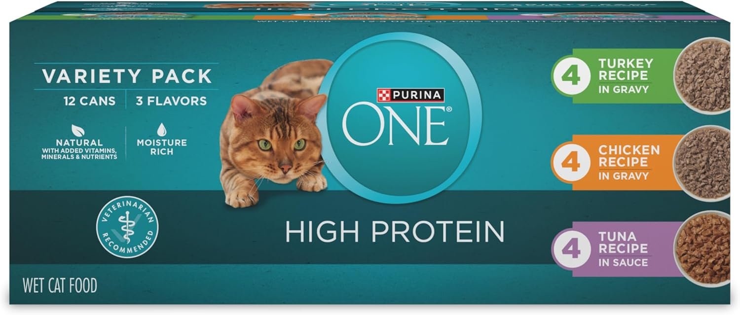 Purina ONE High Protein Cat Food Variety Pack, 24 Count 3 oz Cans | Turkey, chicken and tuna recipes in gravy or sauce, no added fillers, created with added vitamins for whole-body hydration