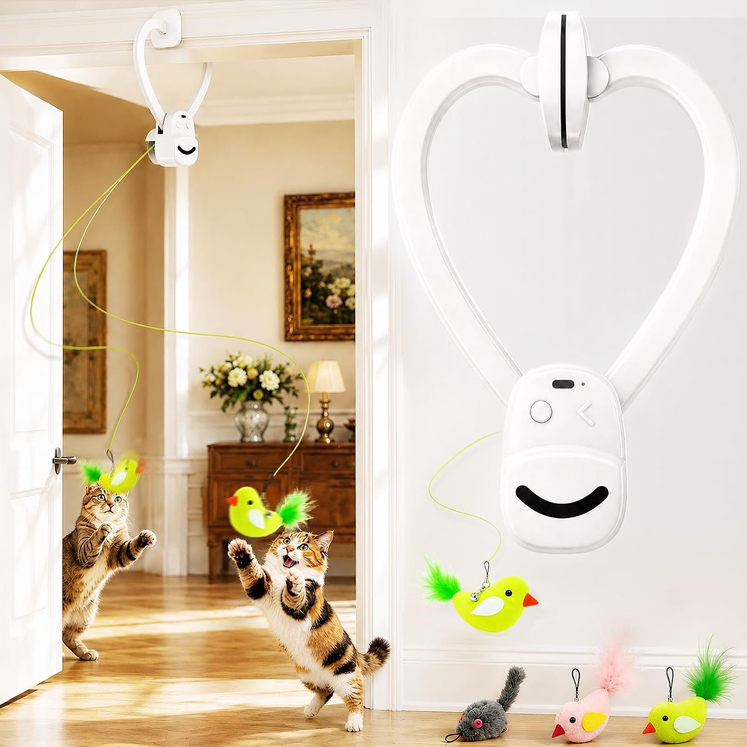 CATPICK Interactive Doorway Cat Toy, No-Adhesive Clip-On for Indoor Cats | Automatic Retractable bird-and-mouse motion with 8-minute auto-play, touch-to-wake response, USB charging, 2 birds & 1 mouse