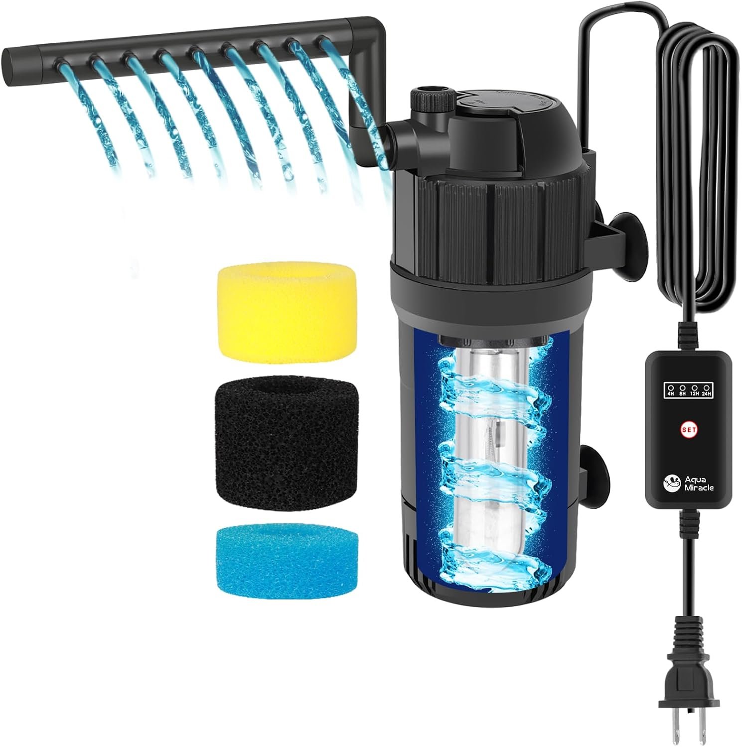 AquaMiracle Aquarium Filter for Green Water, U – V Fish Tank Filters with Timer (4/8/12/24 Hrs), Dual Mode (Aeration/Rainfall) Fish Filter for 10-40 Gallon Tanks, Flow Rate and Direction Adjustable