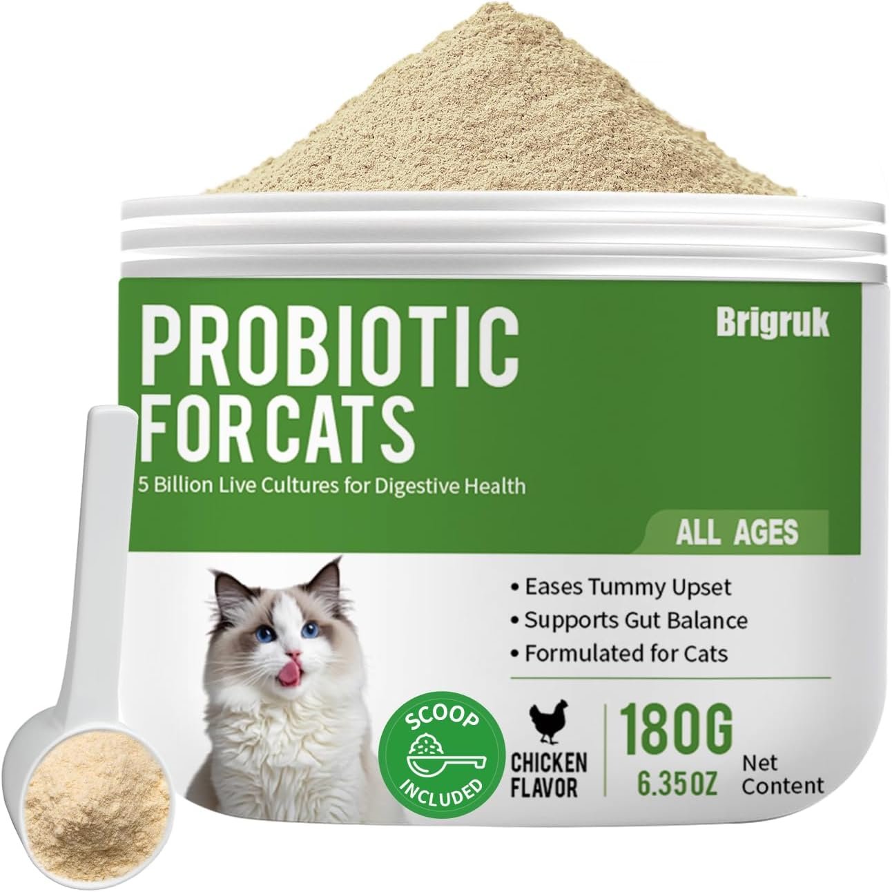 Probiotics for Cats – 5 Billion CFUs & 9 Strains Digestive Enzymes – Support for Sensitive Stomach, Hairball Relief & Immune System – Cat Gut Health Supplement with Prebiotics – Chicken Flavor, 180g