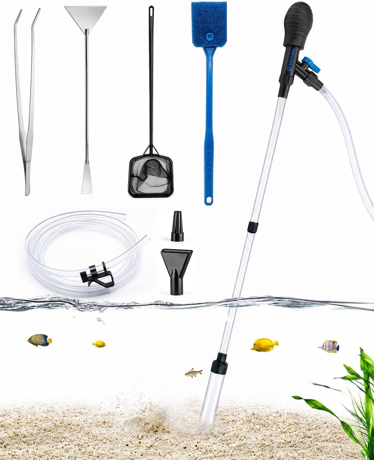 Aquarium Gravel Cleaner | 80GPH Fish Tank Water Changer Tool with 6Ft Water Hose Skimmer Net Sponge Brush Sand Shovel and Tweezer for 3~8Gal Tank