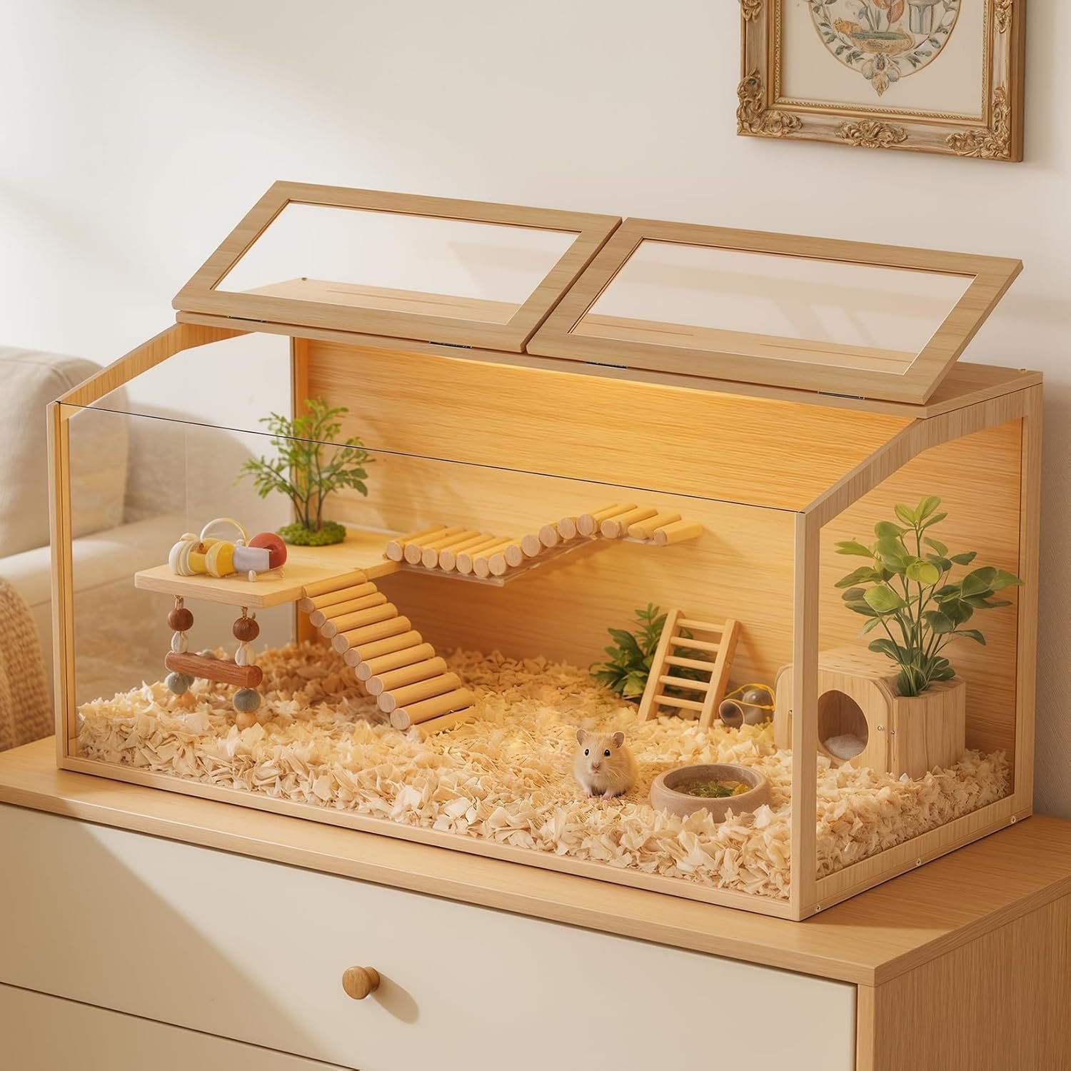 Hamster Cage: 40Inch Wooden Small Animal Cage with Warm Light | Extra Large Clear Hamster House Chewy Proof with Two Openable Breathable Top