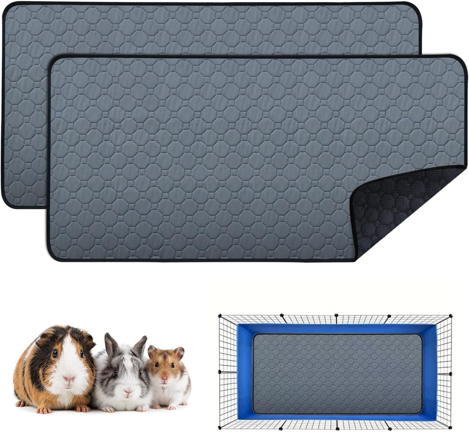 2 Pack Washable Guinea Pig Cage Liners & Pee Pads (24″x47″) – Waterproof, Super Absorbent, Non-Slip Bedding for Rabbits, Hamsters, Rats