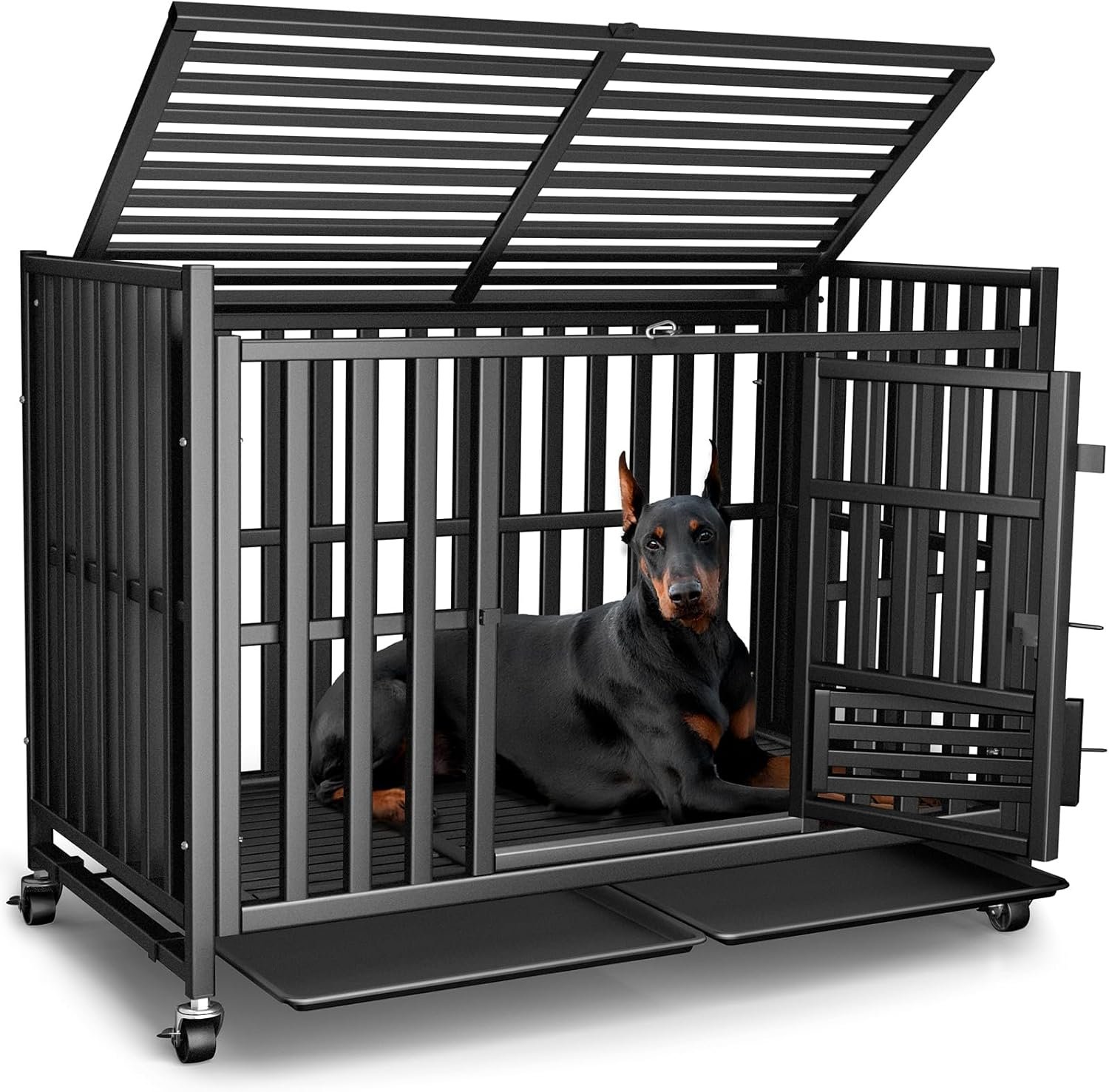 Heavy Duty Dog Crate, 43” Large Indestructible Cage for High-Anxiety Dogs | Escape-Proof 3-Door Kennel for Large & Medium Breeds, 4 Lockable Wheels, 2 Removable Trays, Easy to Clean, Built to Last