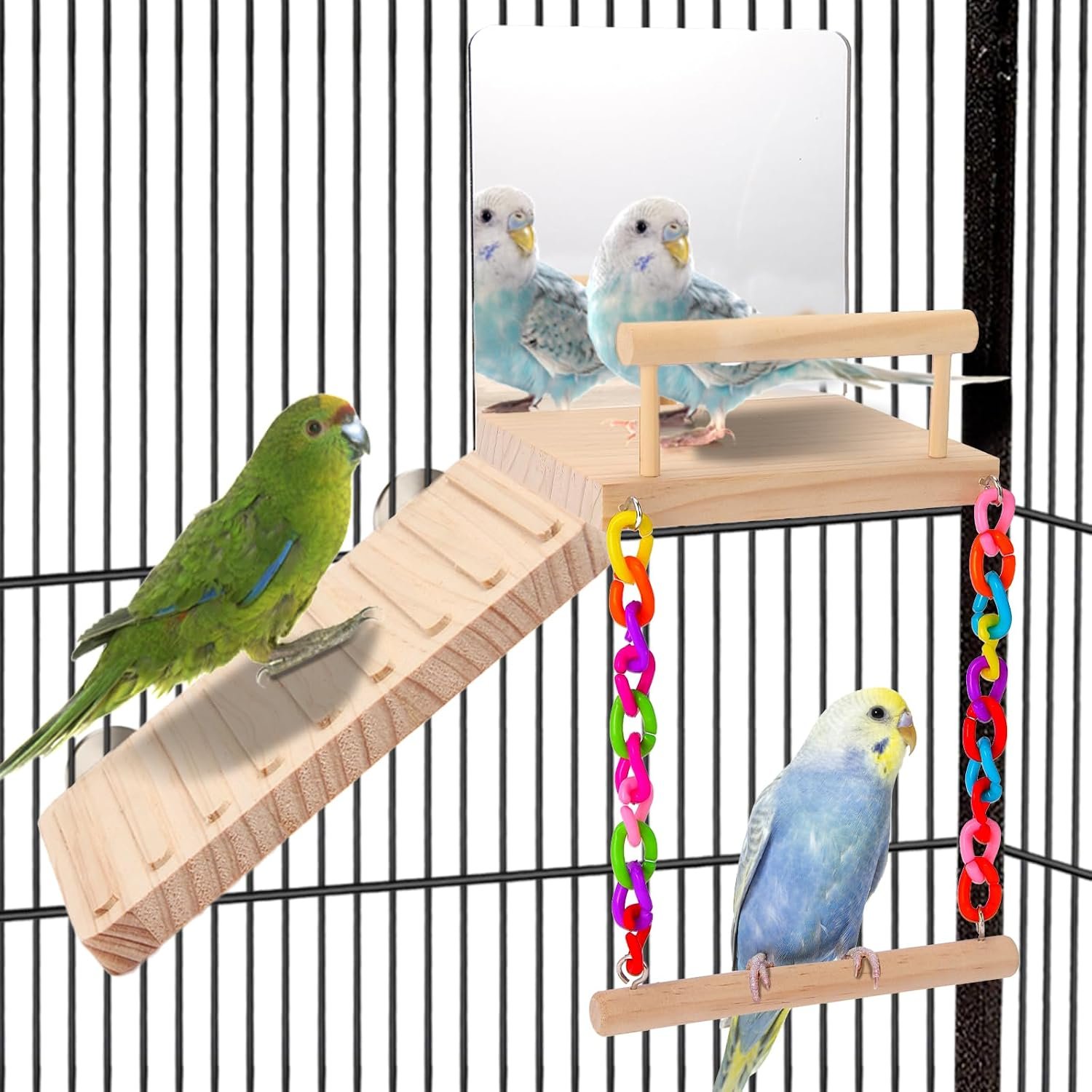 KyoukiBird Perch Platform Bird Toys with Bird Mirror Climbing Ladder Swing, Parakeet Cage Accessories – for Cockatiels, Lovebirds, Budgies,Pacific Parrotlets,Finch,Canaries – Wooden Play Gym