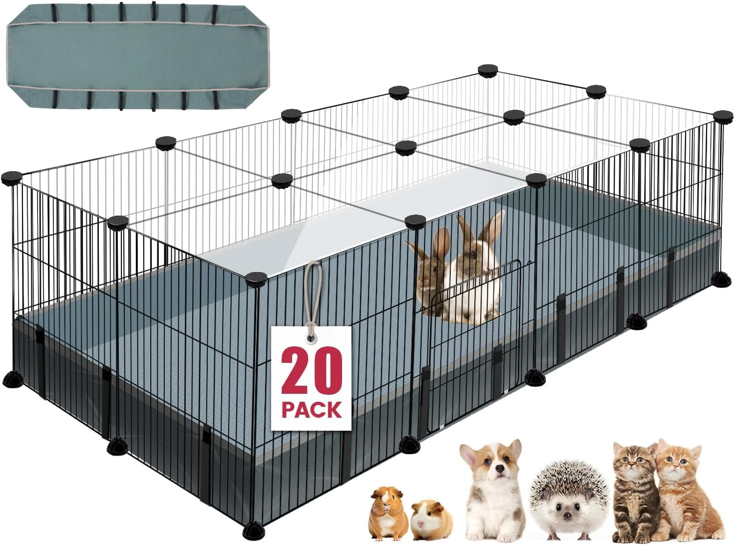 VISCOO 20 Panels Small Animal Playpen, 48″ x 24″ x 16″ Rabbit Cage | Guinea Pigs Cages with Waterproof Mat, C&C Cage for Guinea Pigs,Bunny/Puppy/Pen Indoor Outdoor Portable Metal Fence